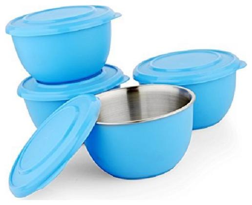 Microwave Safe Stainless Steel Plastic Coated Blue Bowl Set of 4 13 cm Each.
