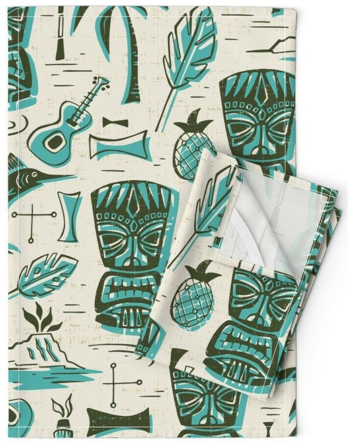 

Mid Century Modern Cream Aqua Beach Linen Cotton Tea Towels by Roostery Set of 2