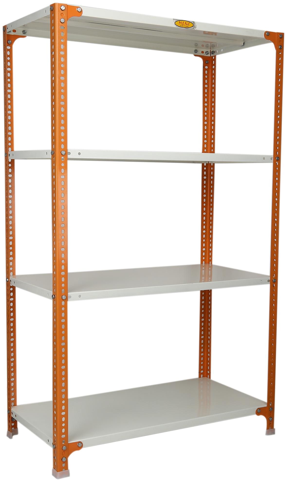 

Mil-Nil Prime CRC Sheet 4 Shelf Multipurpose Slotted Angle Rack 60 x 36 x 18 Inch 24 Gauge (Orange-Ivory) Powder Coating