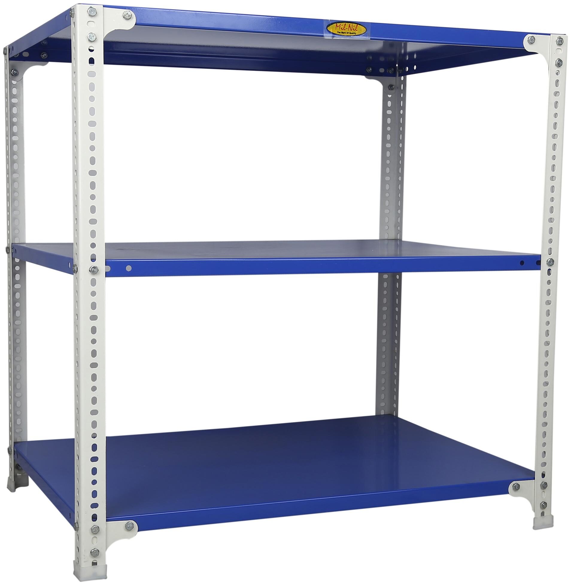

Mil-Nil Prime CRC Sheet 3 Shelf Multipurpose Slotted Angle Rack 36 x 36 x 24 Inch 22 Gauge (Blue-White) Powder Coating