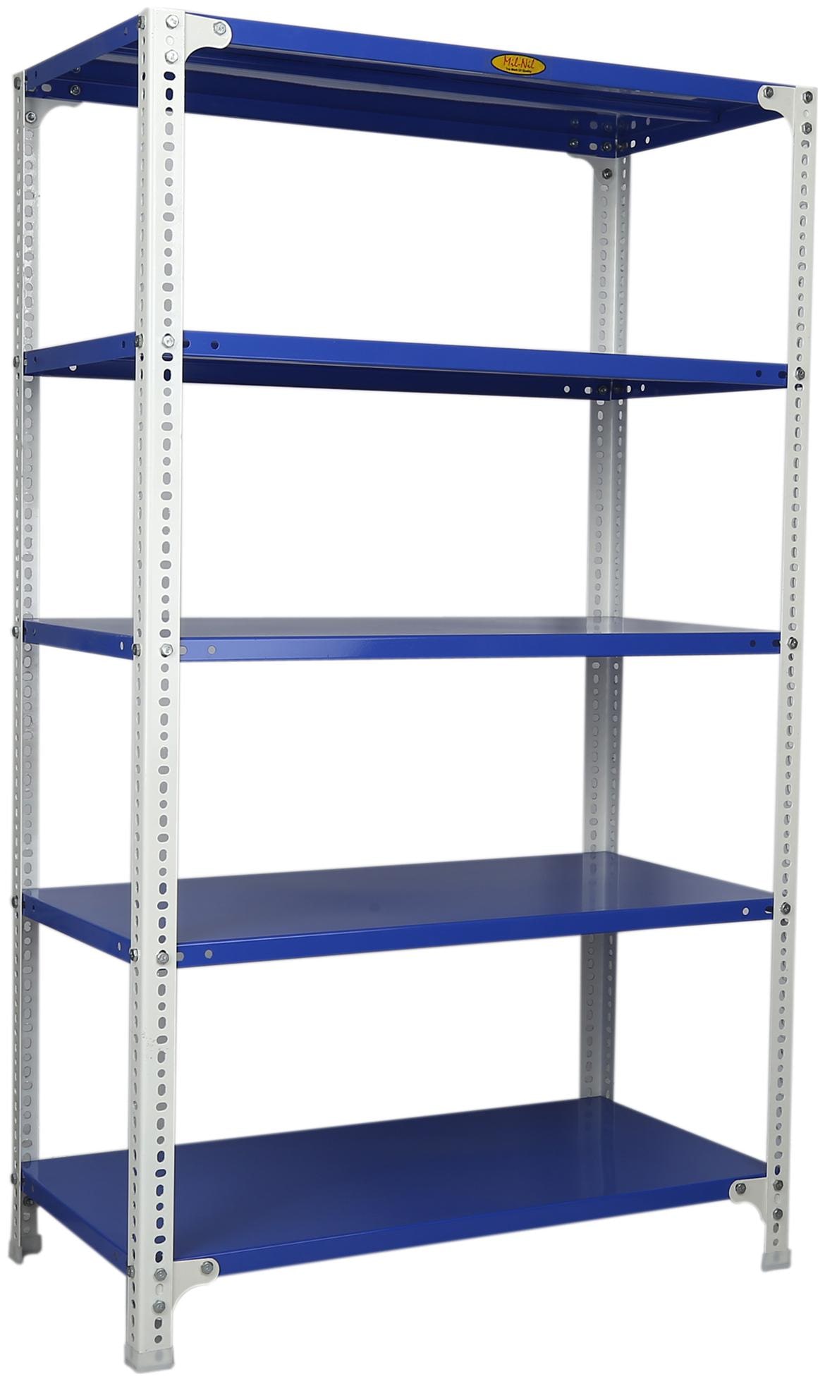 

Mil-Nil Prime CRC Sheet 5 Shelf Multipurpose Slotted Angle Rack 60 x 36 x 18 Inch 24 Gauge (Blue-White) Powder Coating