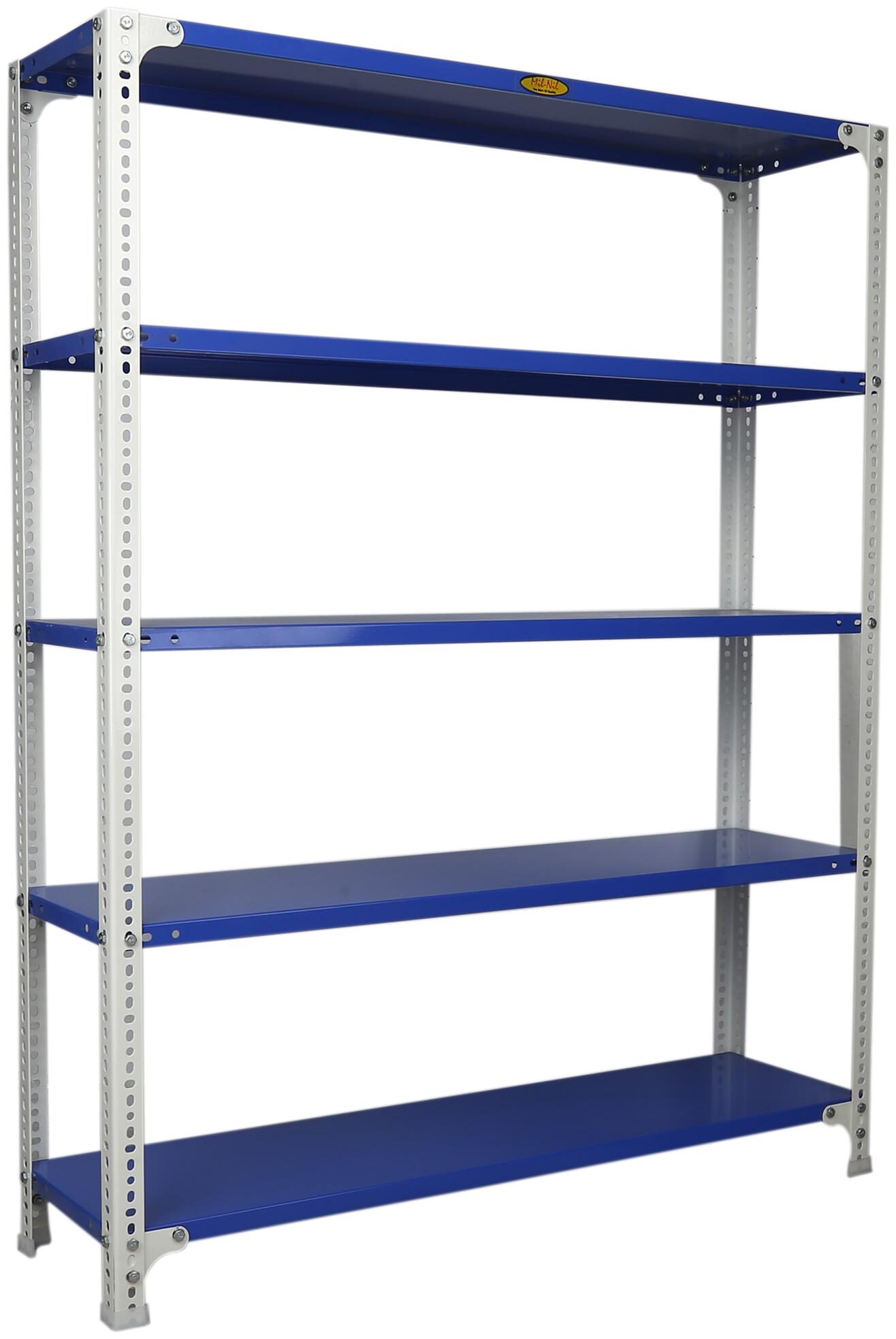 

Mil-Nil Prime CRC Sheet 5 Shelf Multipurpose Slotted Angle Rack 60 x 47 x 12 Inch 18 Gauge (Blue-White) Powder Coating