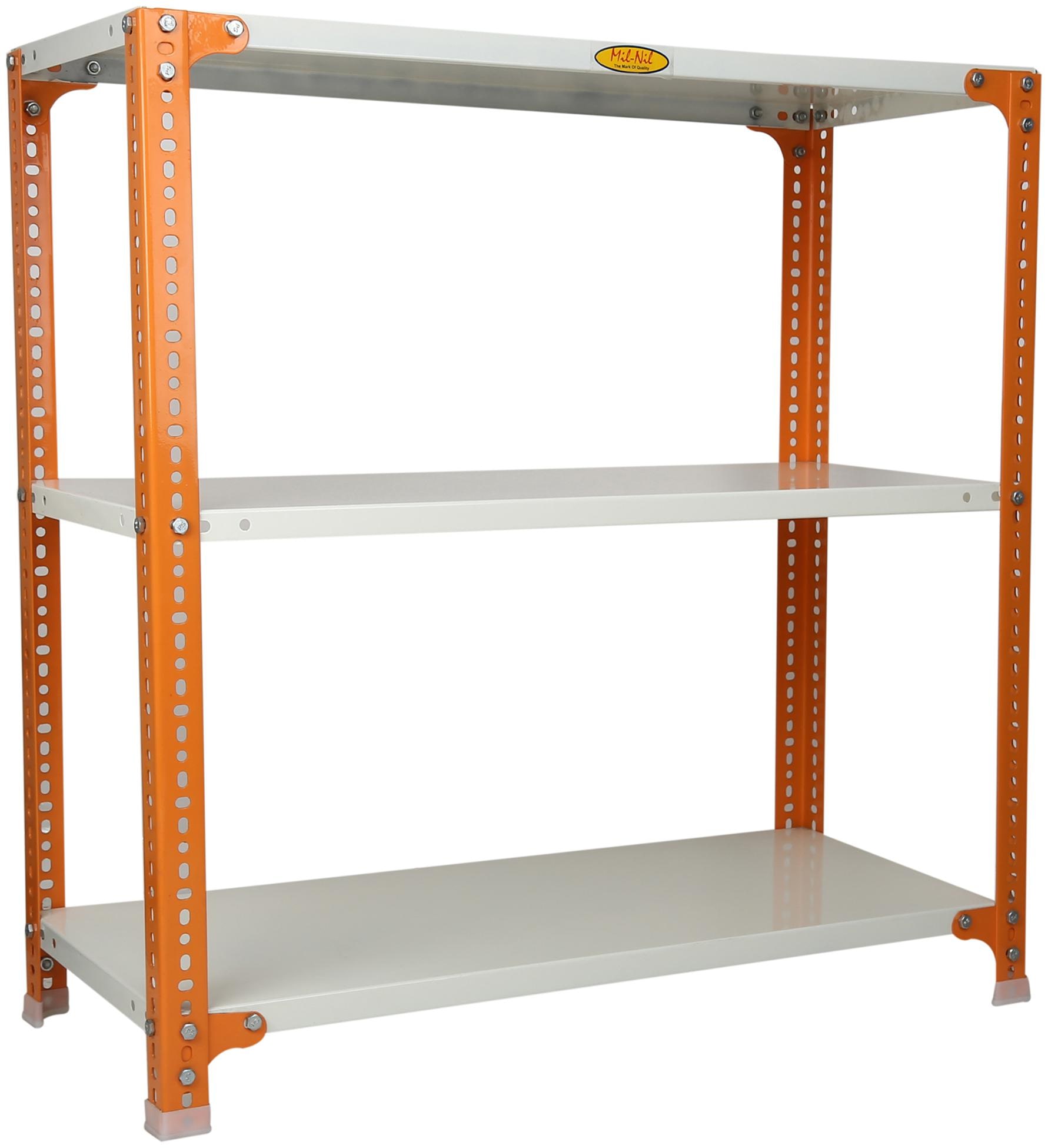 

Mil-Nil Prime CRC Sheet 3 Shelf Multipurpose Slotted Angle Rack 36 x 36 x 15 Inch 18 Gauge (Orange-Ivory) Powder Coating