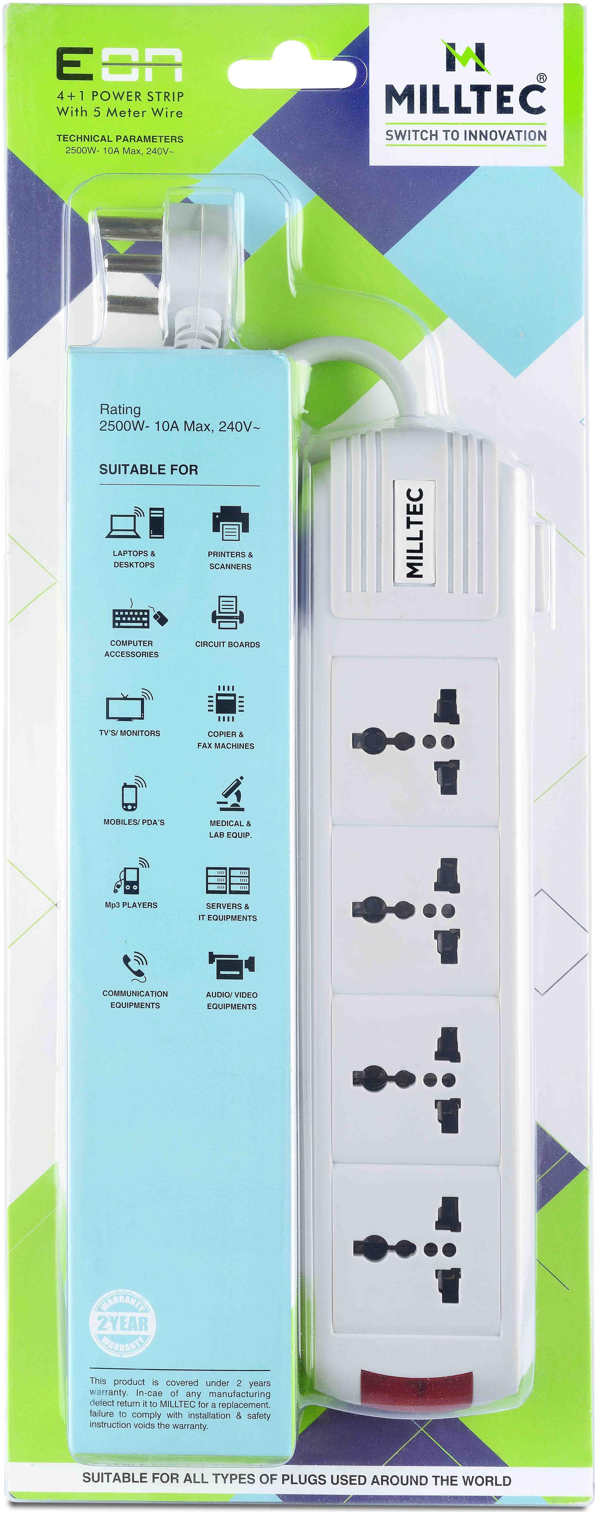 

Milltec Three Pin White Extension Board ( 5 m 4 Socket 1 Switches)