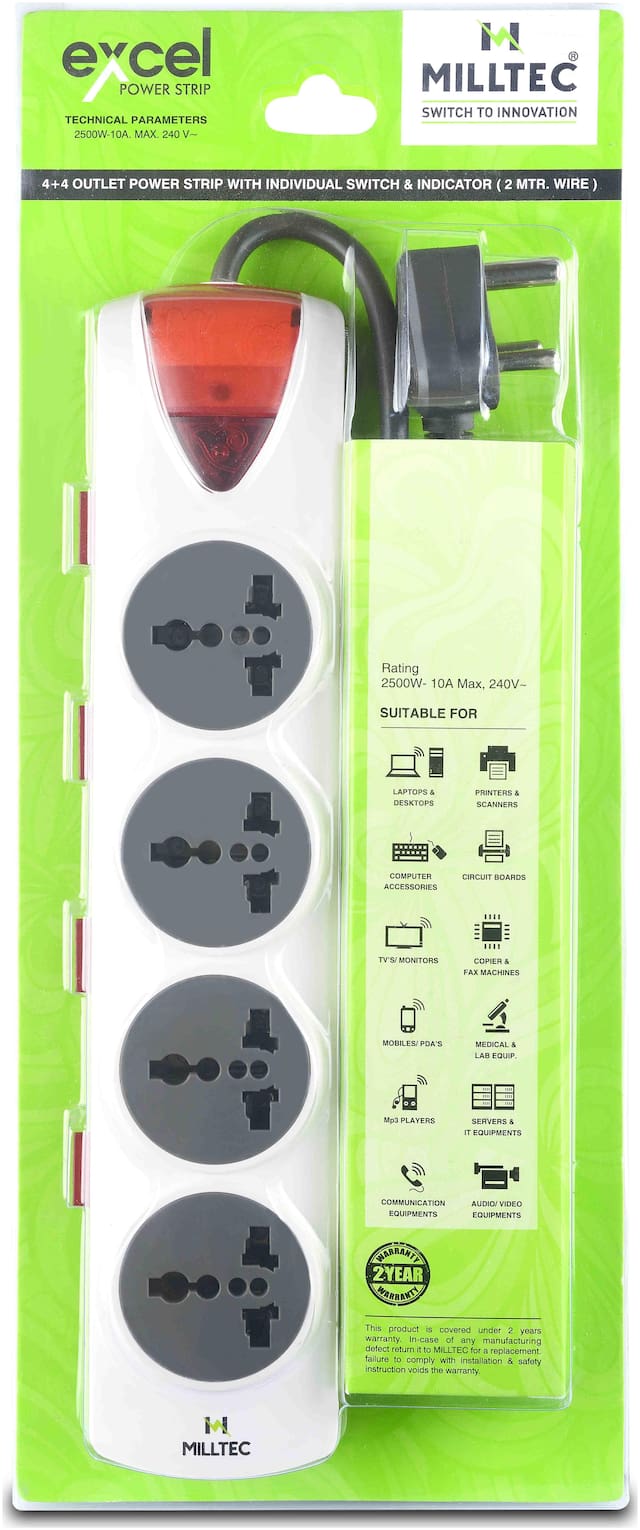 Milltec Three Pin White Extension Board ( 2 m , 4 Socket , 1 Switches)