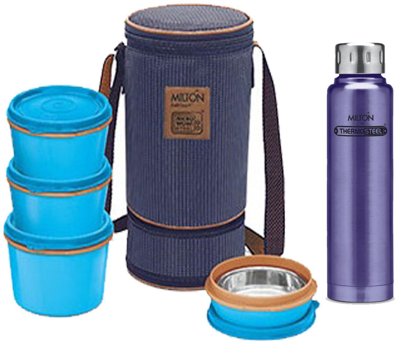 

Milton 4 Container Tiffin with Hot Cold Elfin Water Bottle 500 ml Combo Blue