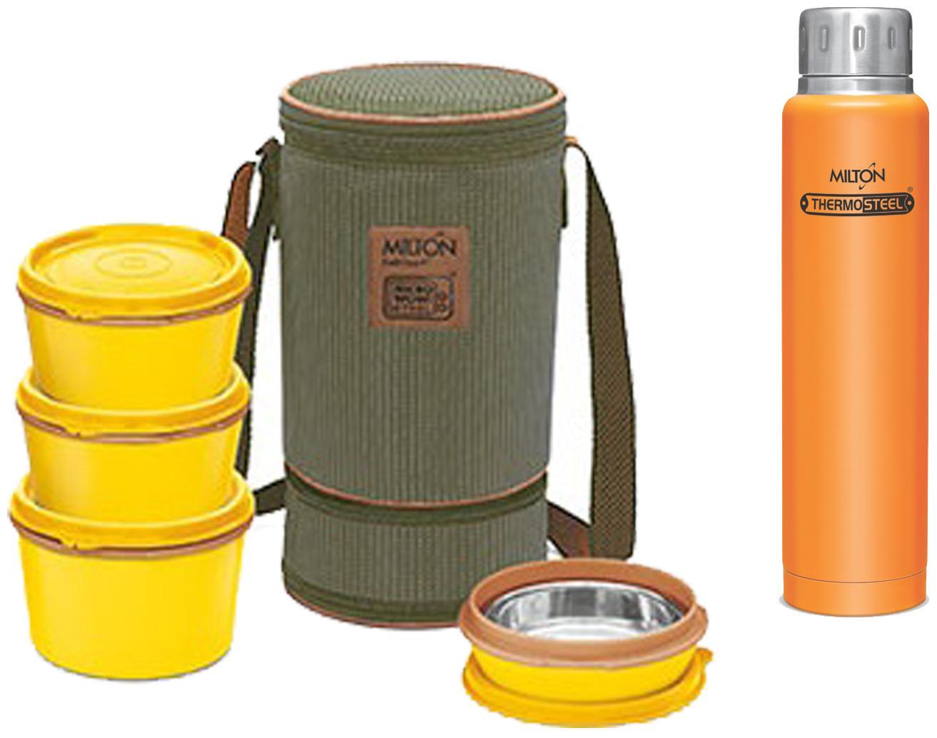 

Milton 4 Container Yellow Tiffin with Orange Hot Cold Elfin Water Bottle 500 ml Combo