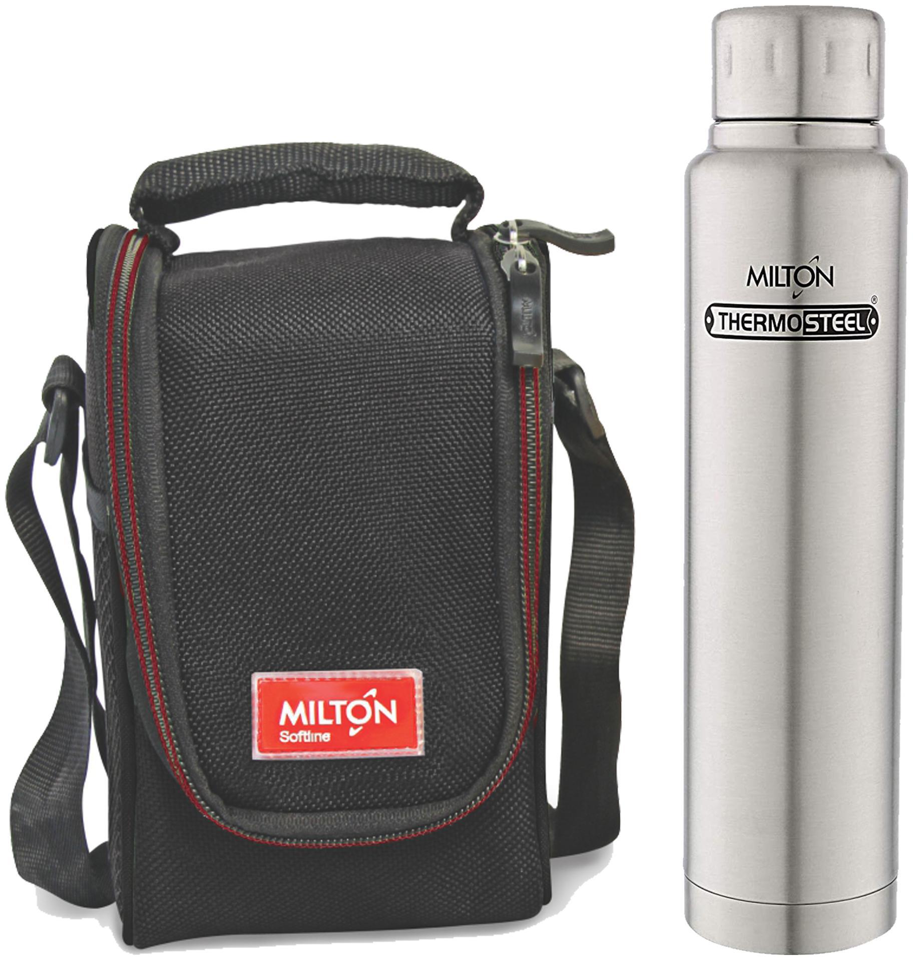 

Milton Black Full Meal 4 Softline Tiffin with Steel Plain 500 ml Elfin Thermosteel Insulated Steel Bottle