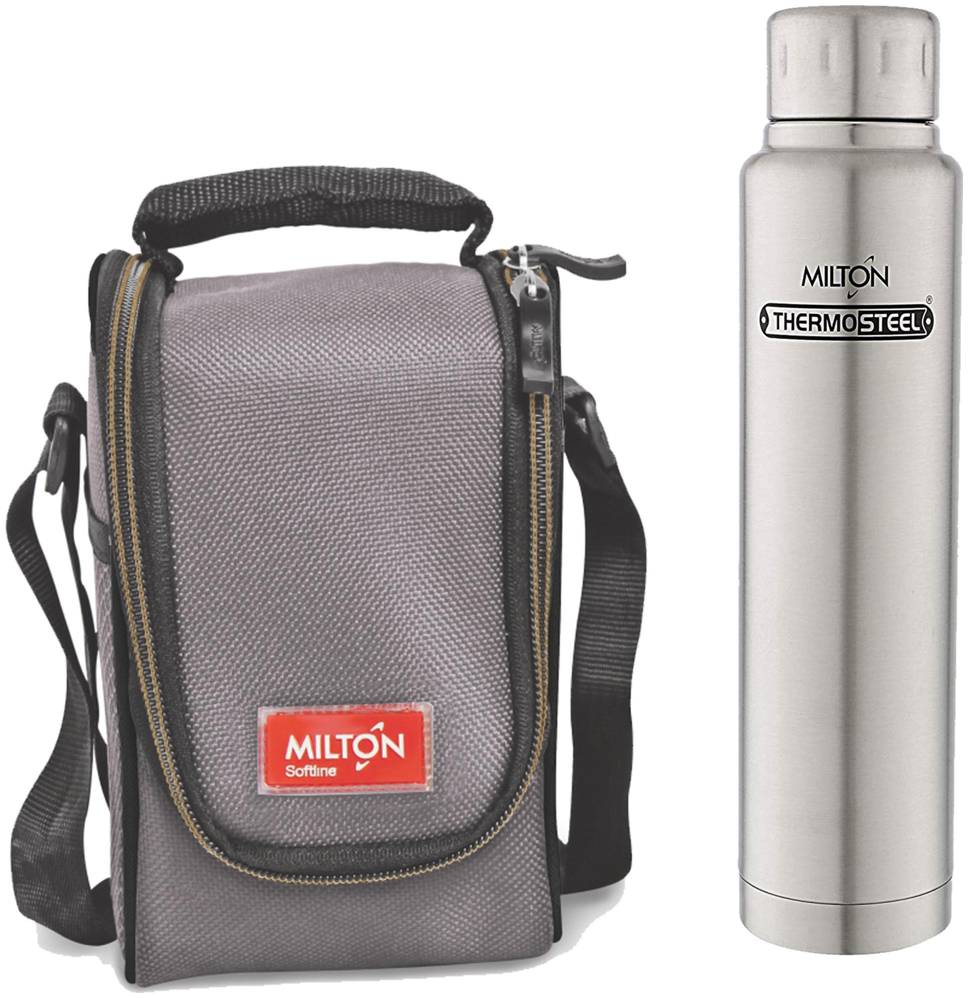 

Milton Grey Full Meal 4 Softline Tiffin with Steel Plain 500 ml Elfin Thermosteel Insulated Steel Bottle