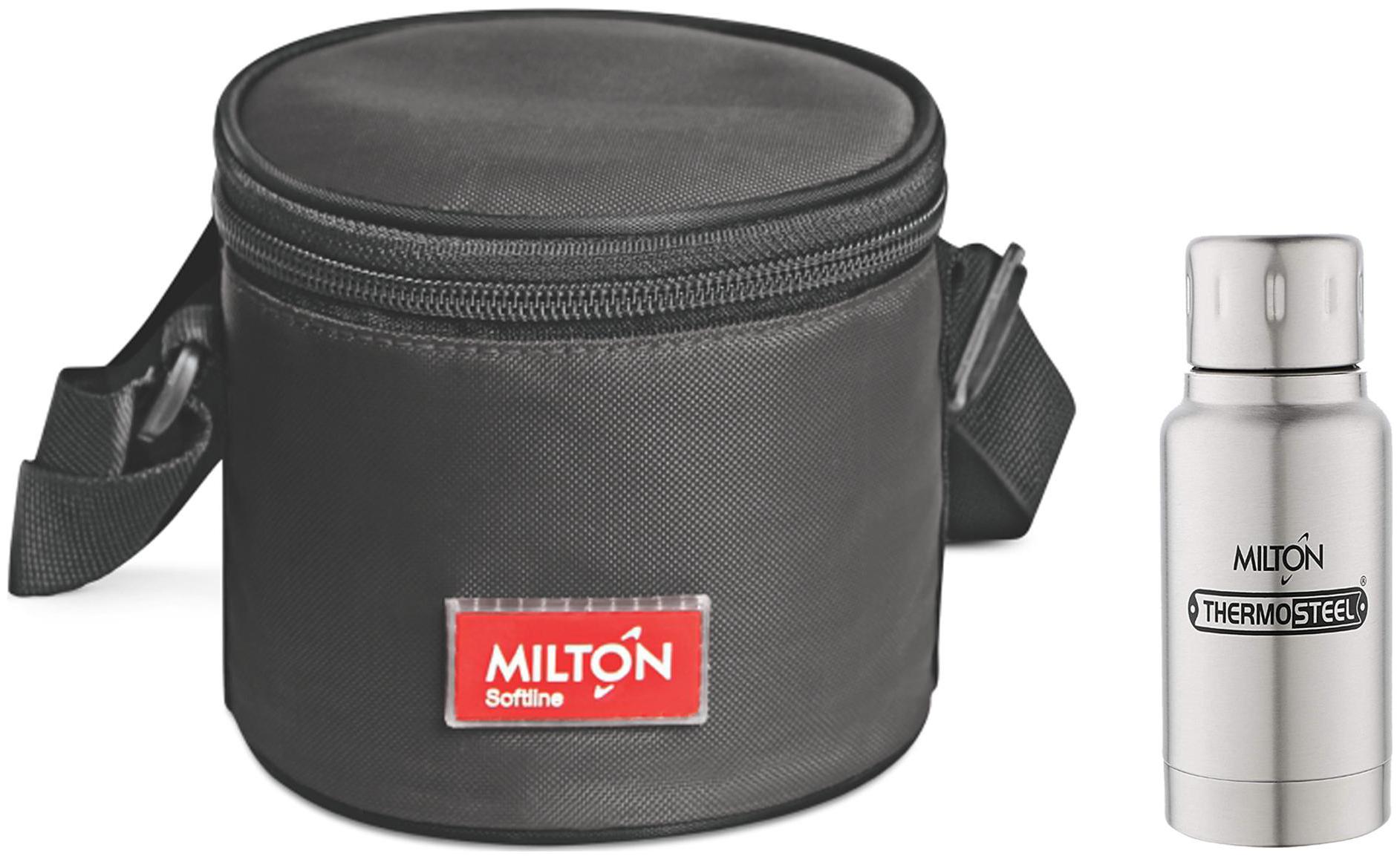 

Milton Small Black Healthy Meal Softline Lunch Pack with Steel Plain 160 ml Elfin Thermosteel Insulated Steel Bottle