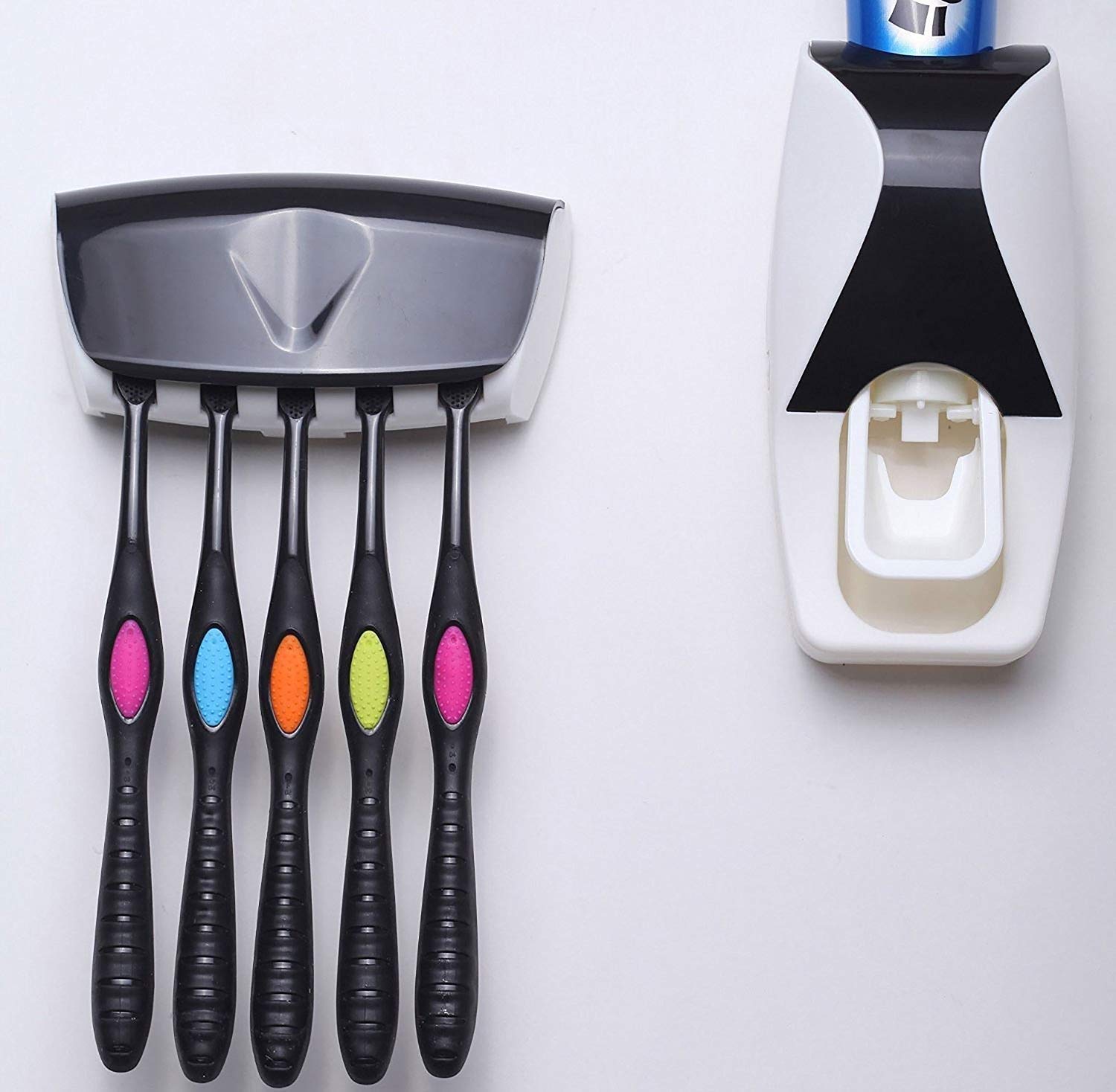 

Misaki Toothbrush Holder with Cover Automatic Toothpaste Dispenser Set Dustproof with 3M Sticky Suction Pad Wall Mounted Kids Hands Free Toothpaste Squeezer for Washroom (Black)