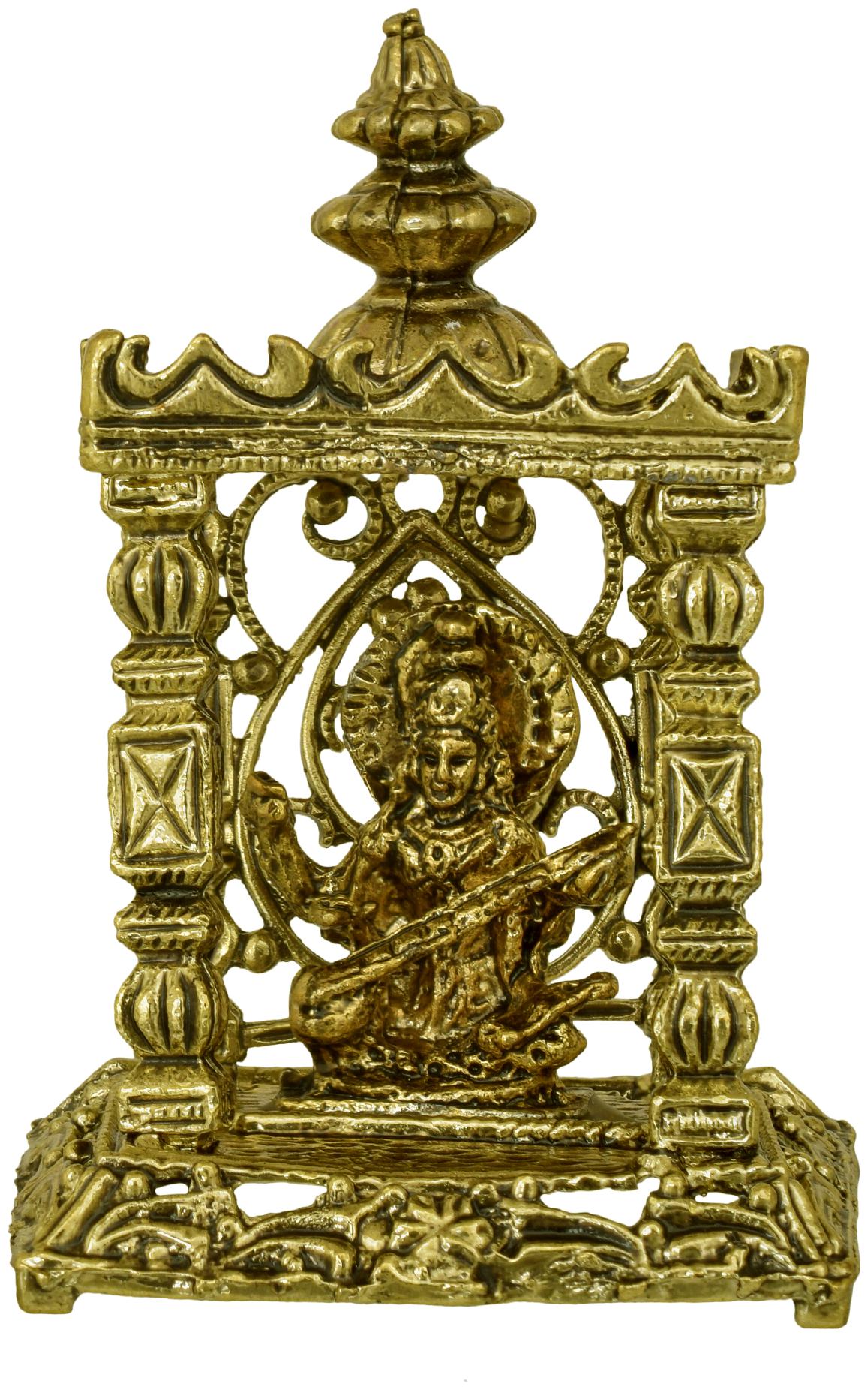 

MissMister Gold Plated Brass Antique Finish Saraswati Temple Stand Home Decor Show Piece Hindu God Idol Stand