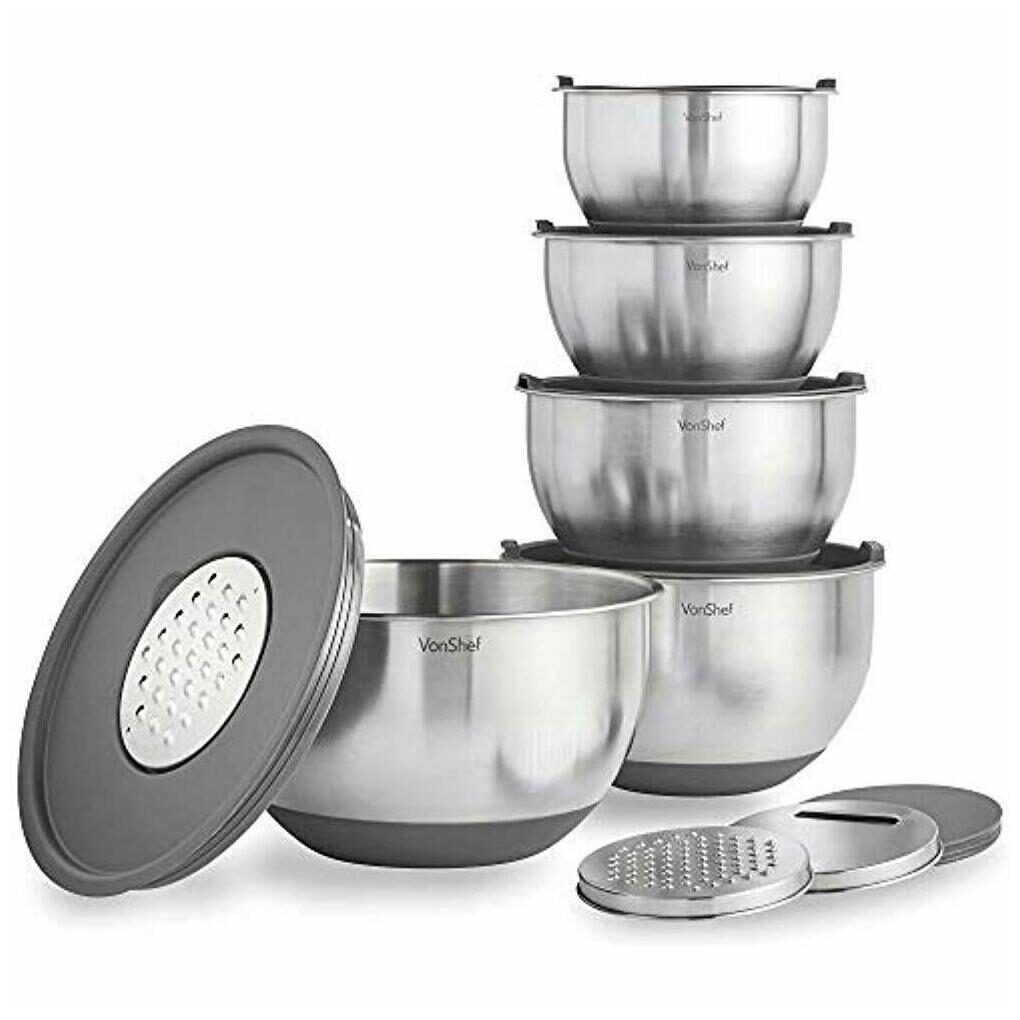 

Mixing Bowls Nested Set With Lids Non Slip Surface And Measurement Marks Steel
