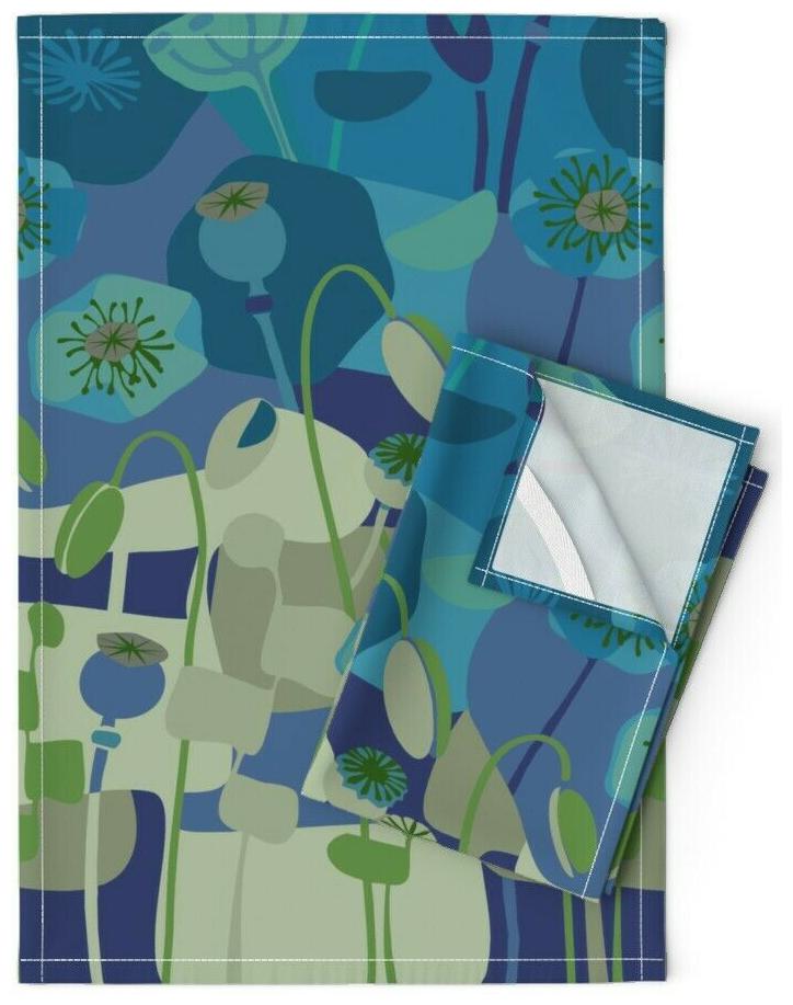 

Mod Poppies Blue Bleu Midcentury Linen Cotton Tea Towels by Roostery Set of 2