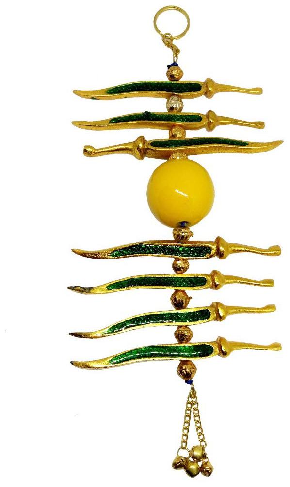 

Molika Vastu Feng Shui Golden-Green Nimbu Mirch Metal Wall Hanging Najar Batoo Evil Eye Protector for Door Shop