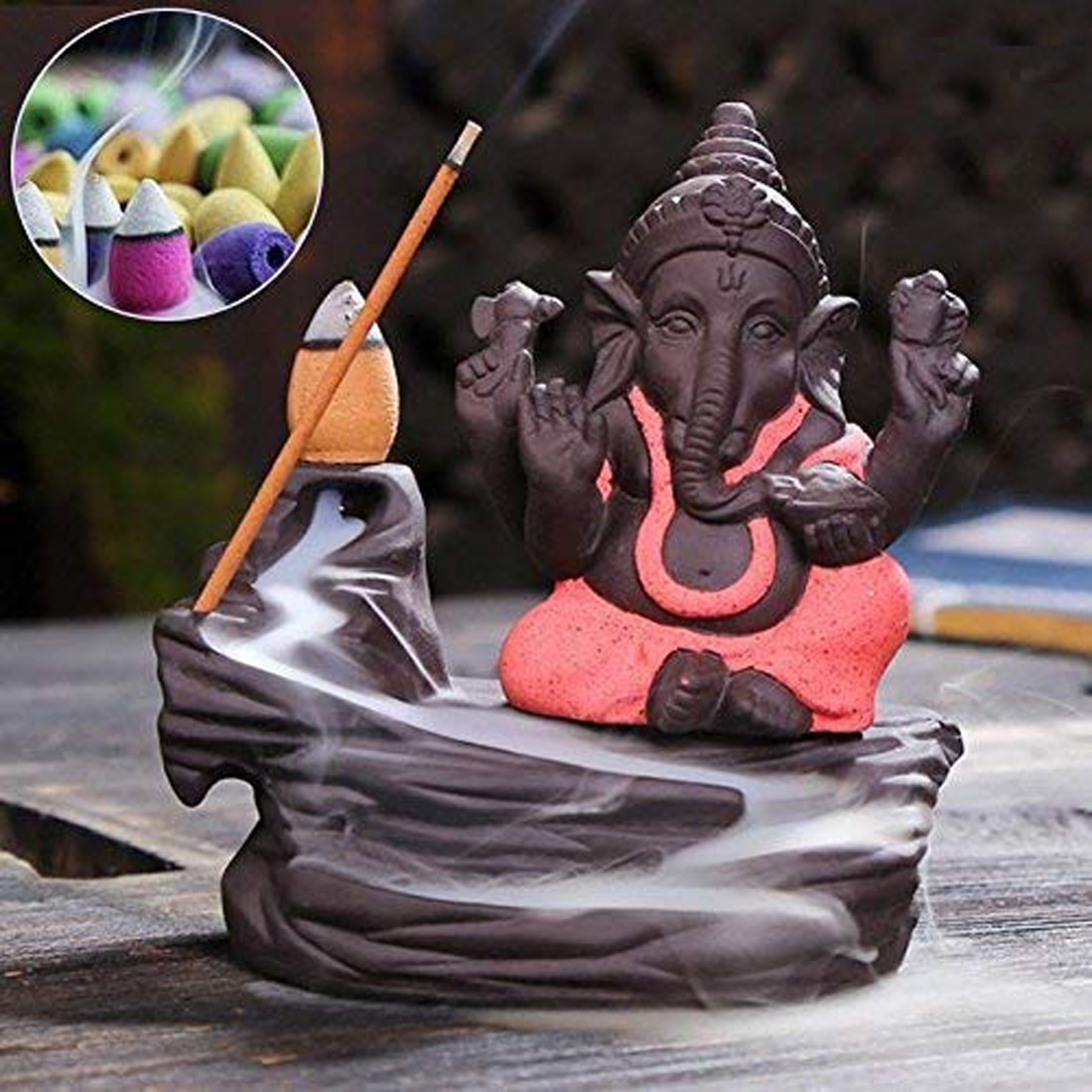 

Monk Lord Ganesha Smoke Fountain ( Assorted Color ) with 10 Backflow Cones Free