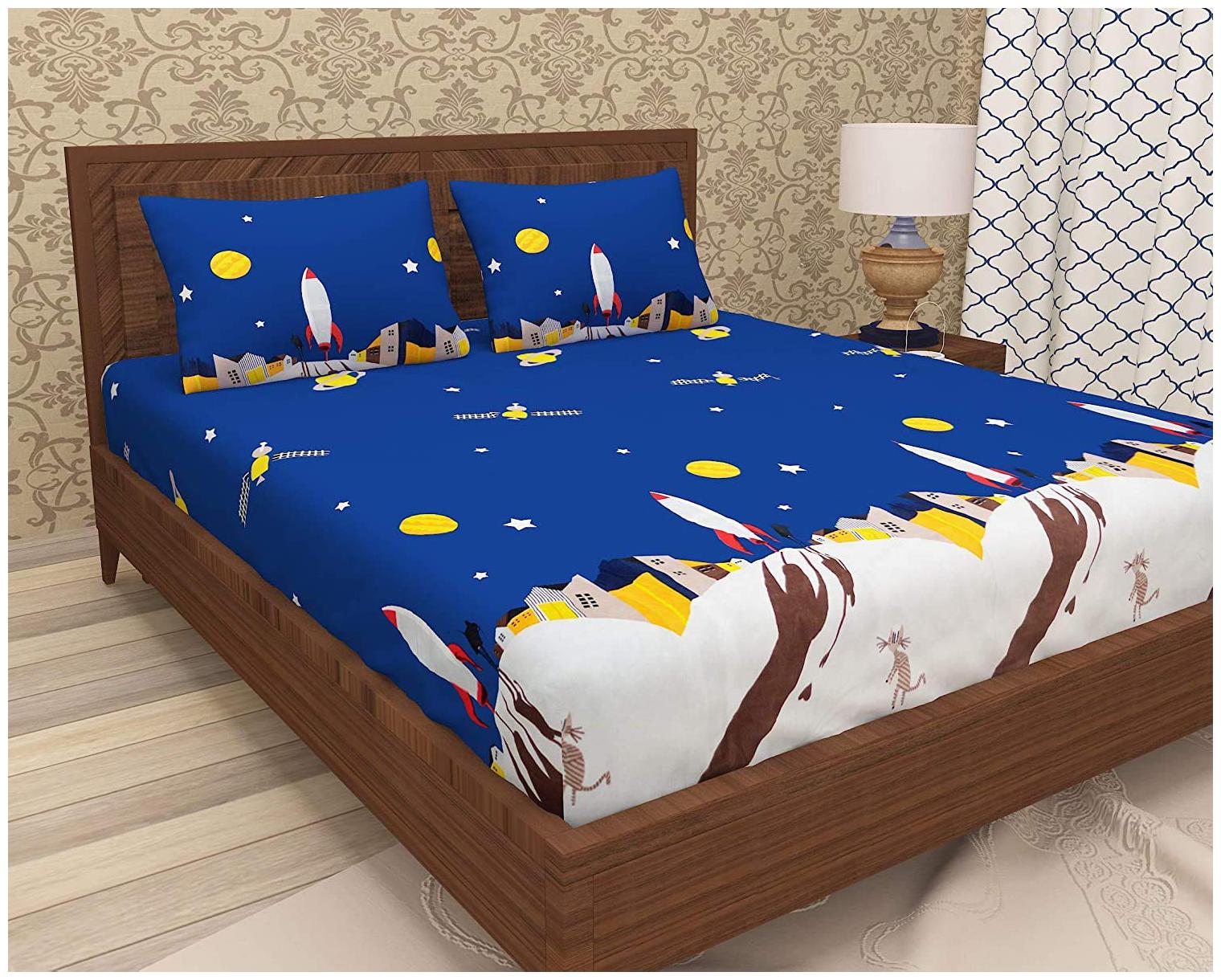 

Morado Cotton 3D Printed Double Size Bedsheet 300 TC ( 1 Bedsheet With 2 Pillow Covers Blue )