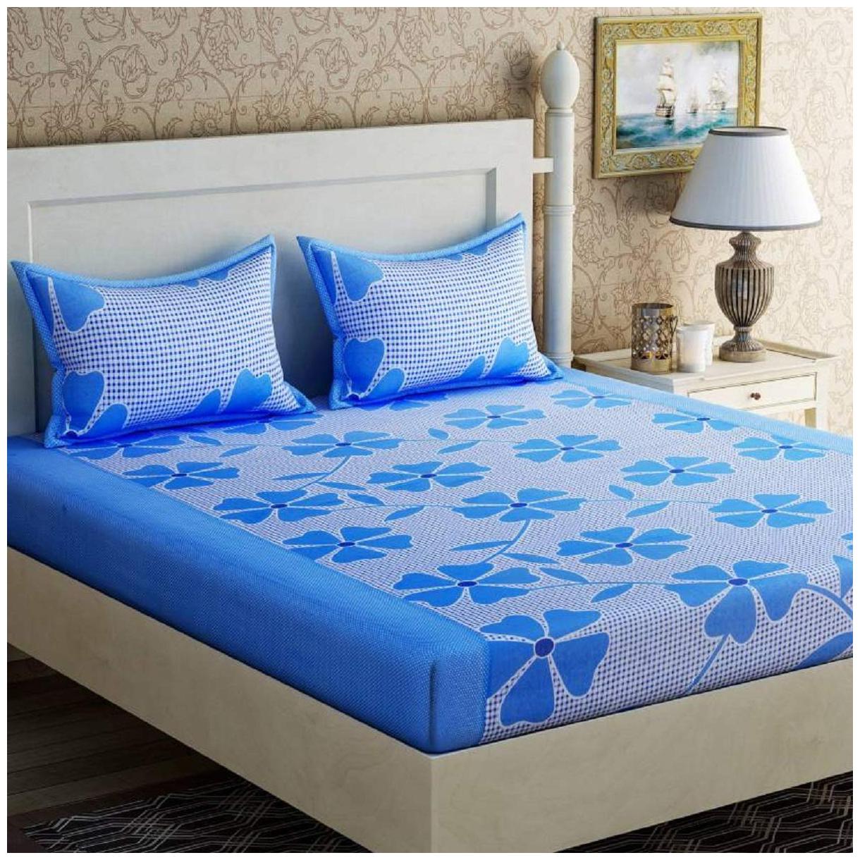 

Morado Cotton Floral Double Size Bedsheet 200 TC ( 1 Bedsheet With 2 Pillow Covers Blue )