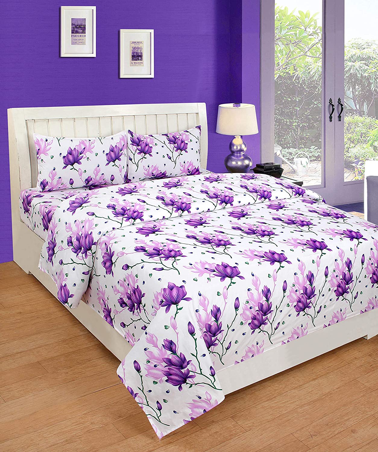 

Morado Cotton Floral Double Size Bedsheet 180 TC ( 1 Bedsheet With 2 Pillow Covers Purple )