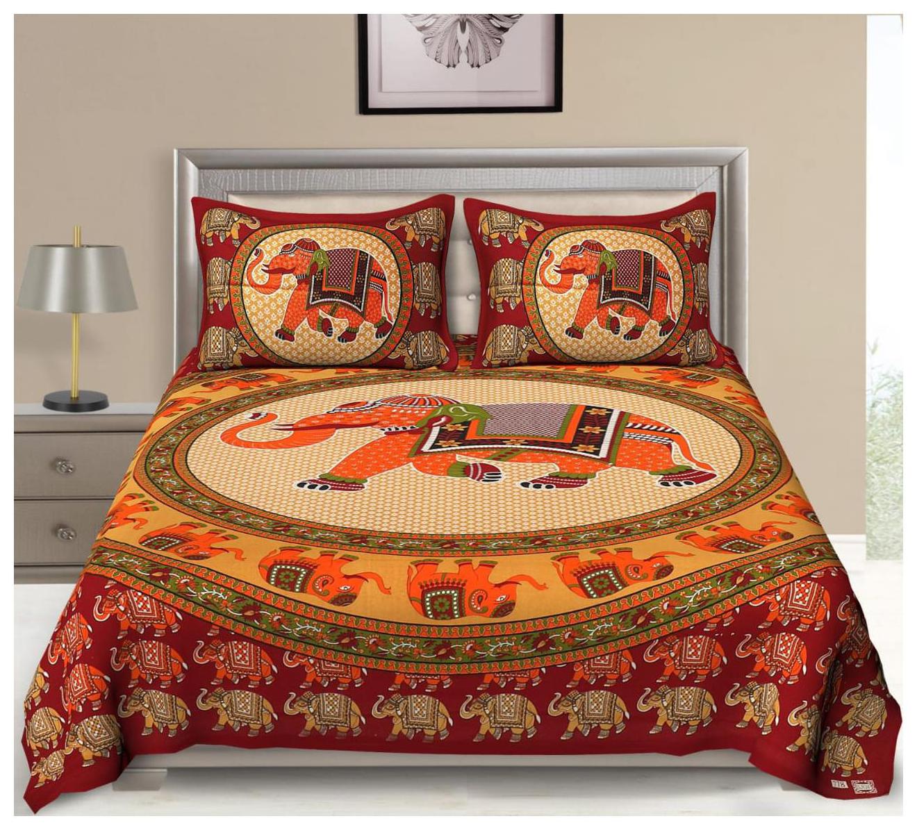 

Morado Cotton Rajasthani Jaipuri Print Double Size Bedsheet 144 TC ( 1 Bedsheet With 2 Pillow Covers Orange )