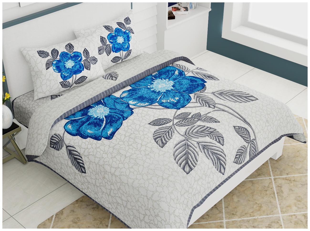 

Morado Cotton Floral Double Size Bedsheet 144 TC ( 1 Bedsheet With 2 Pillow Covers White Blue )