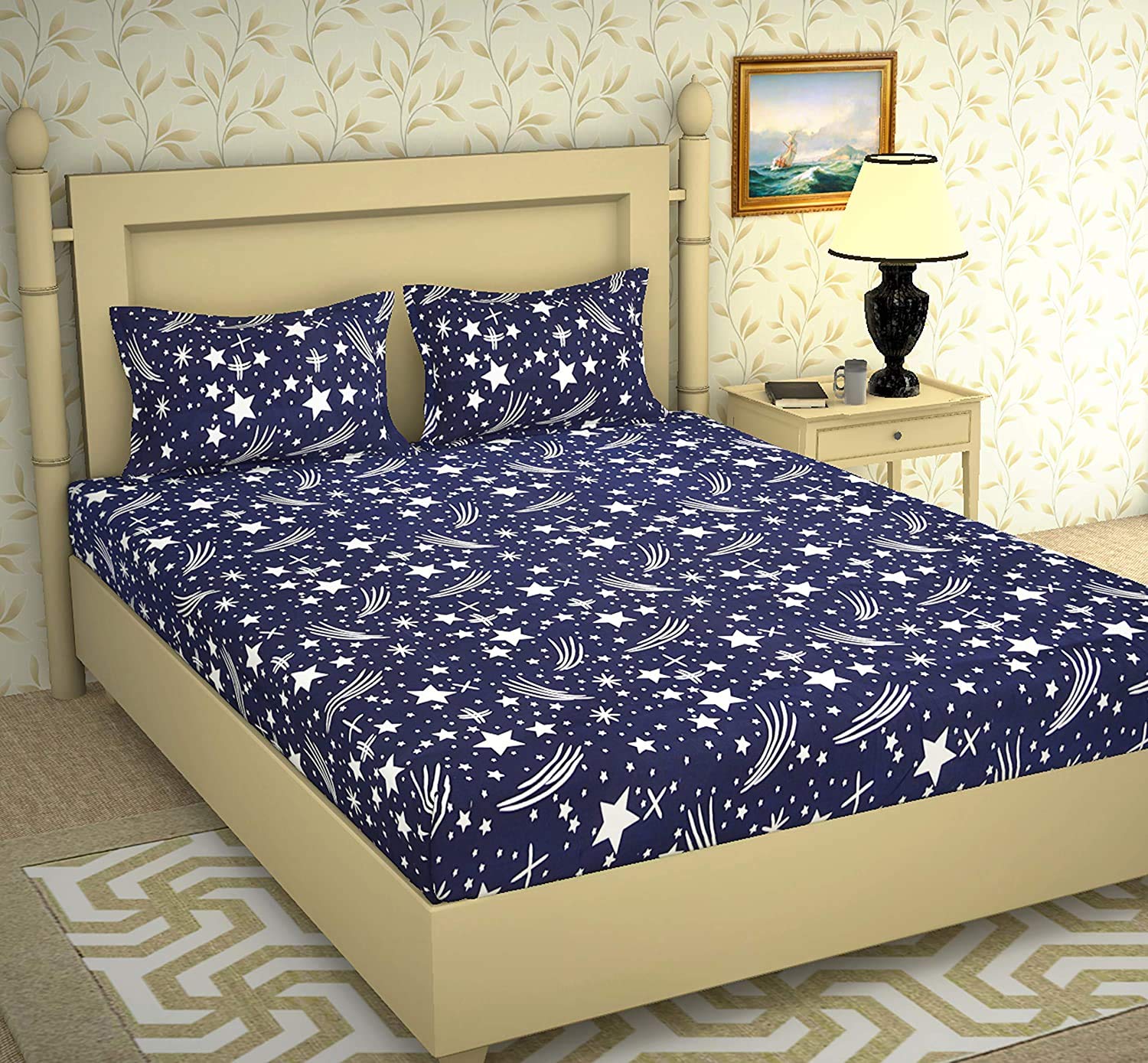 

Morado Cotton Floral Double Size Bedsheet 180 TC ( 1 Bedsheet With 2 Pillow Covers Blue )