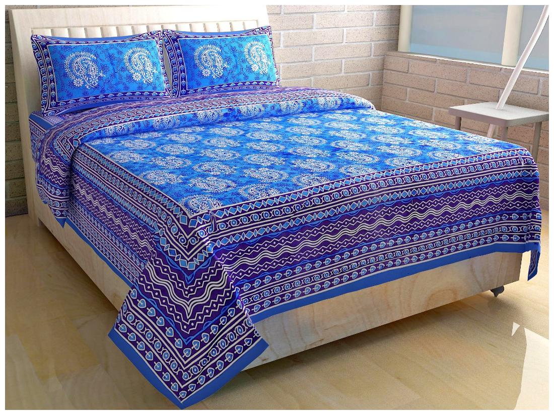 

Morado Cotton Printed Double Size Bedsheet 144 TC ( 1 Bedsheet With 2 Pillow Covers Blue )