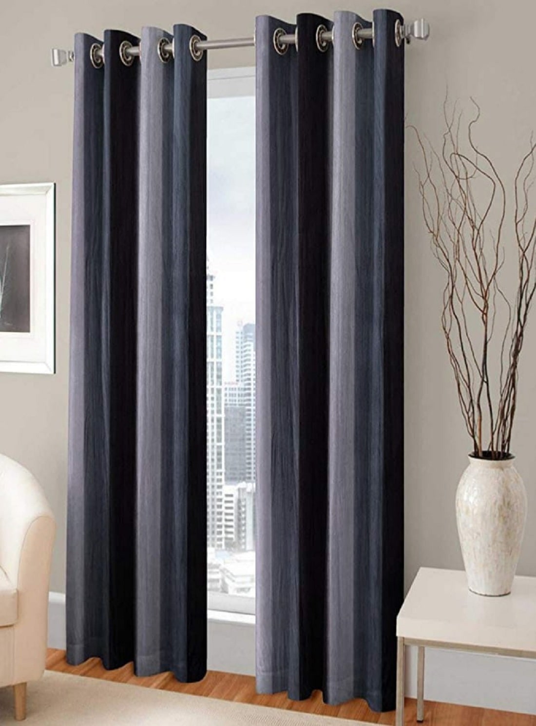 

Morado Polyester Door Blackout Grey Regular Curtain ( Eyelet Closure Striped )