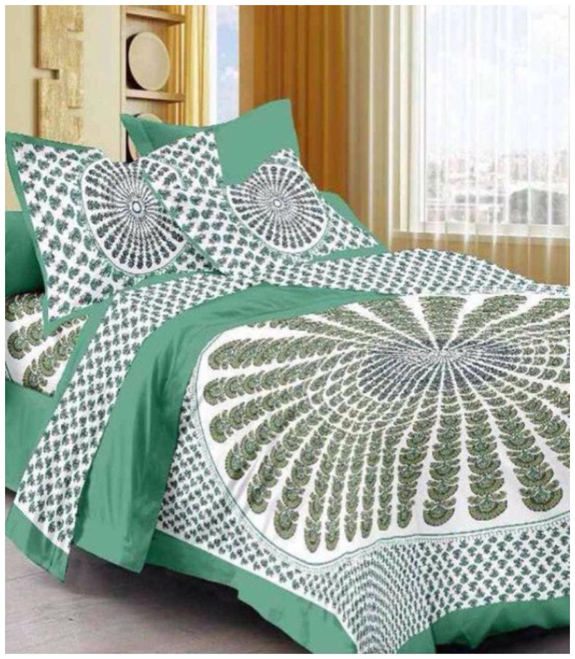 

Morado Cotton Floral Double Size Bedsheet 144 TC ( 1 Bedsheet With 2 Pillow Covers White Green )