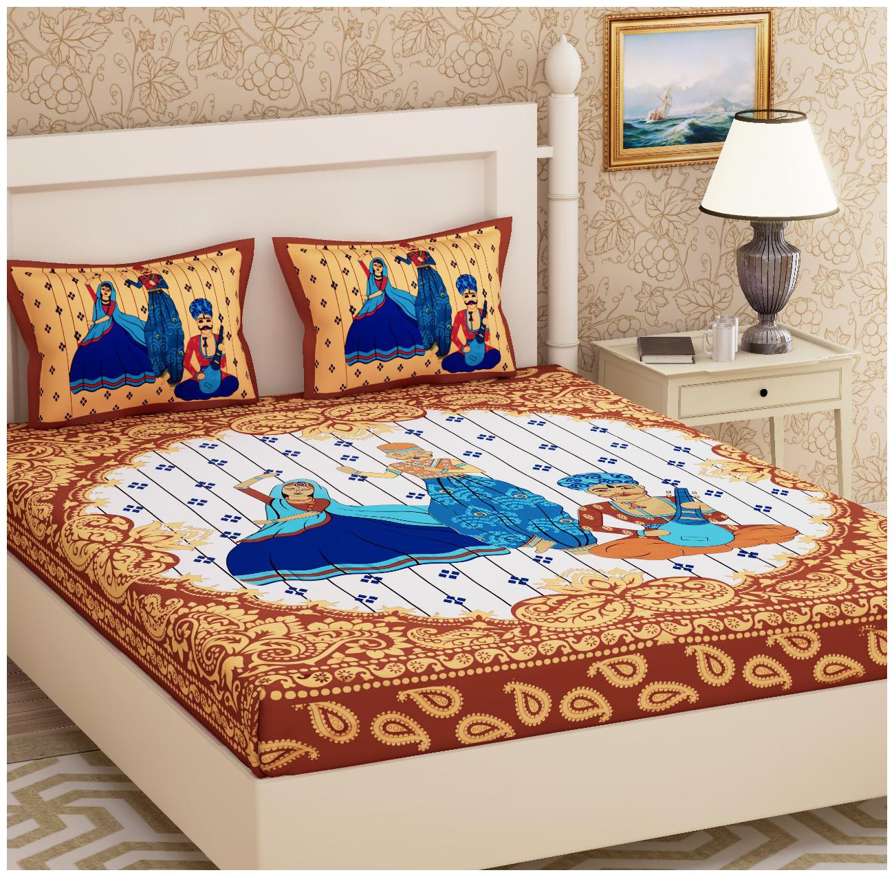 

Morado Cotton Rajasthani Jaipuri Print Double Size Bedsheet 144 TC ( 1 Bedsheet With 2 Pillow Covers Orange )