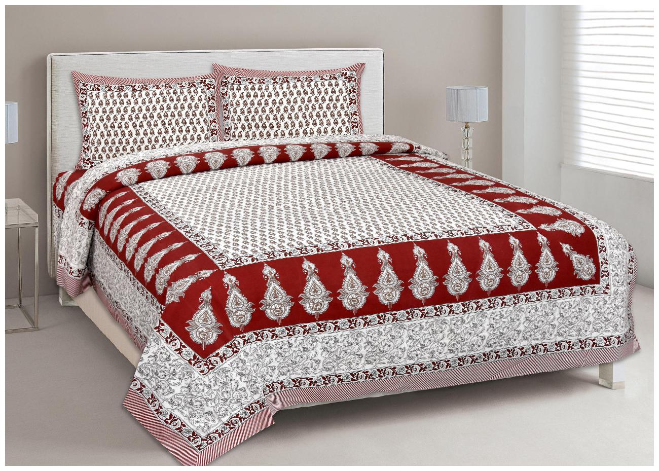 

Morado Cotton Printed Double Size Bedsheet 144 TC ( 1 Bedsheet With 2 Pillow Covers White Maroon )