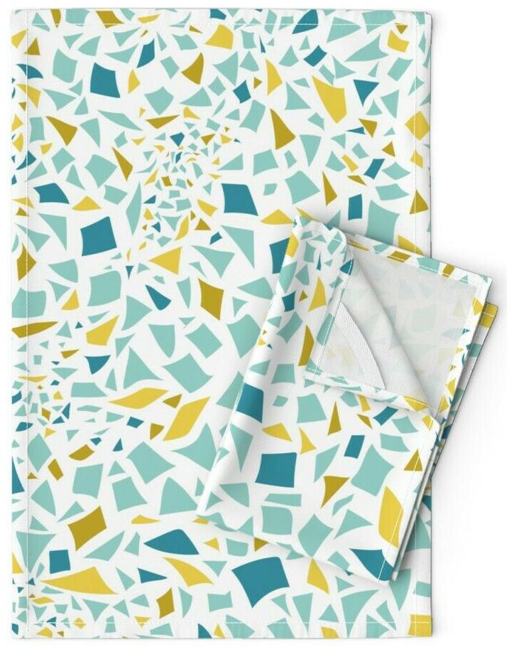 

Mosaic Aqua Teal Mustard White Linen Cotton Tea Towels by Roostery Set of 2