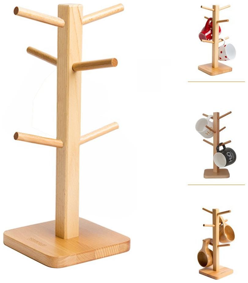 

Mug Rack Tree Removable Bamboo Mug Stand Storage Coffee Tea Cup Organizer Hanger Holder with 6 Hooks (Natural Wood)