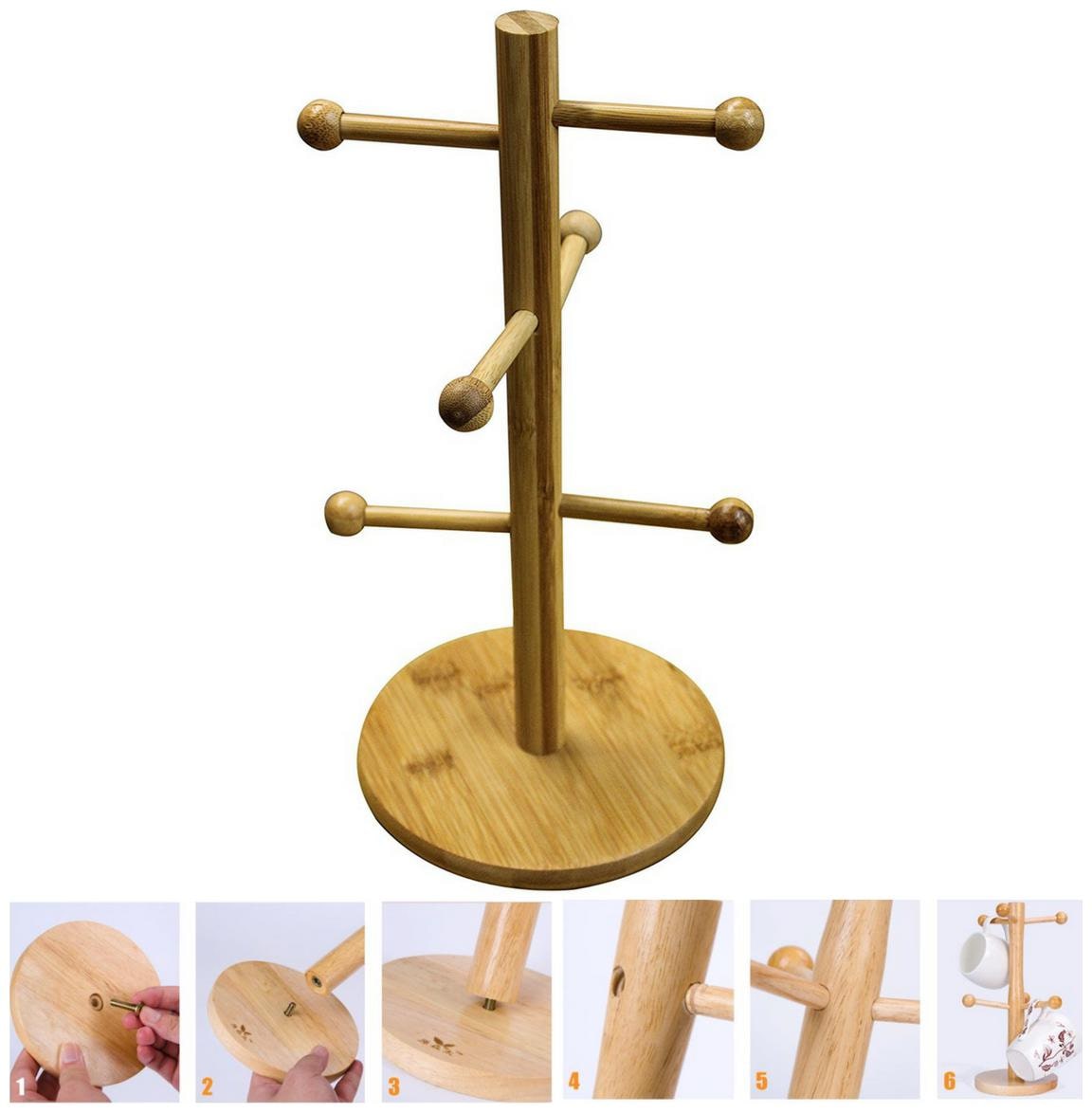 

Mug Tree Stand Rack Round Base Bamboo Stand Cup Jewelry Holder- Multipurpose Organizer 6 Hook