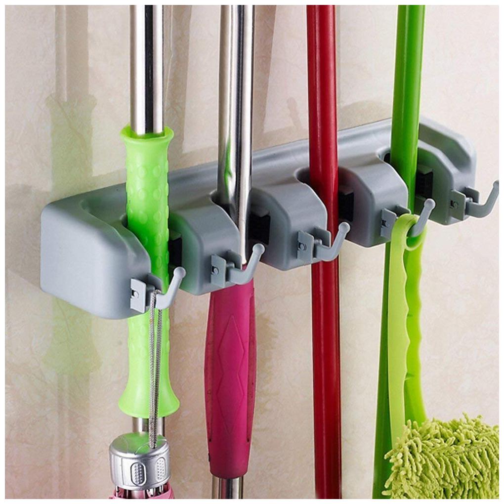 

Multipurpose Wall Mounted Broom Organizer Storage with 5 Hooks 4 Position (Grey