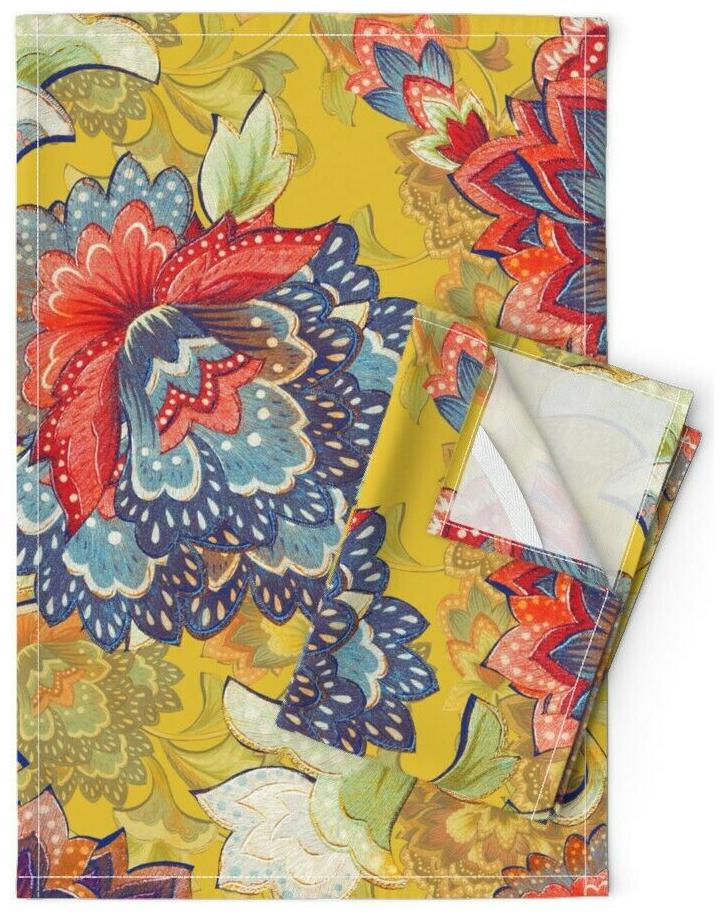 

Mustard Red Chinoiserie Nature Linen Cotton Tea Towels by Roostery Set of 2
