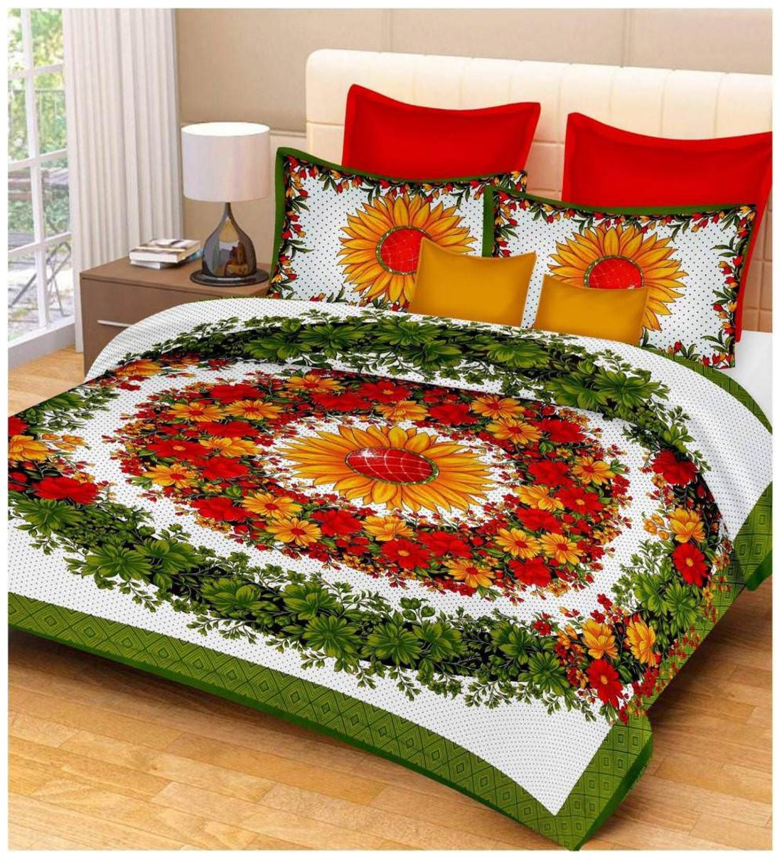 

Nanki s Cotton Abstract Double Size Bedsheet 144 TC ( 1 Bedsheet With 2 Pillow Covers Green )