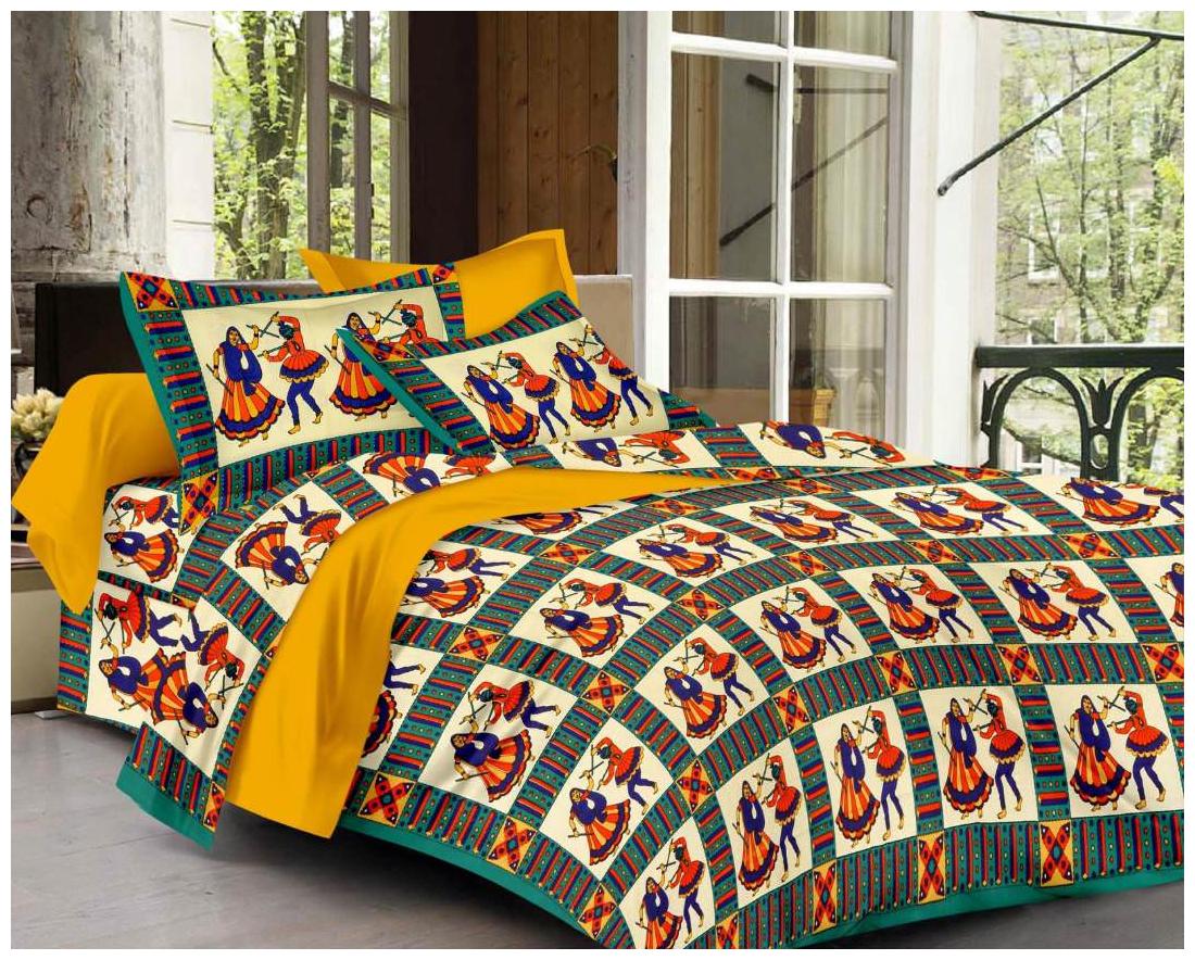 

Nanki s Cotton Abstract Double Size Bedsheet 144 TC ( 1 Bedsheet With 2 Pillow Covers Green )