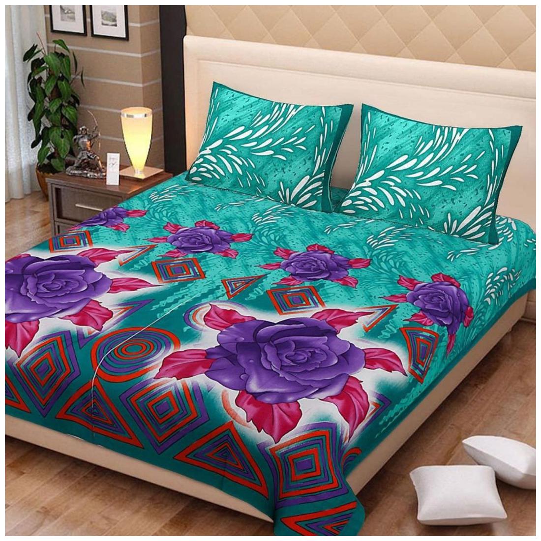 

Nanki s Cotton Abstract Double Size Bedsheet 144 TC ( 1 Bedsheet With 2 Pillow Covers Green )