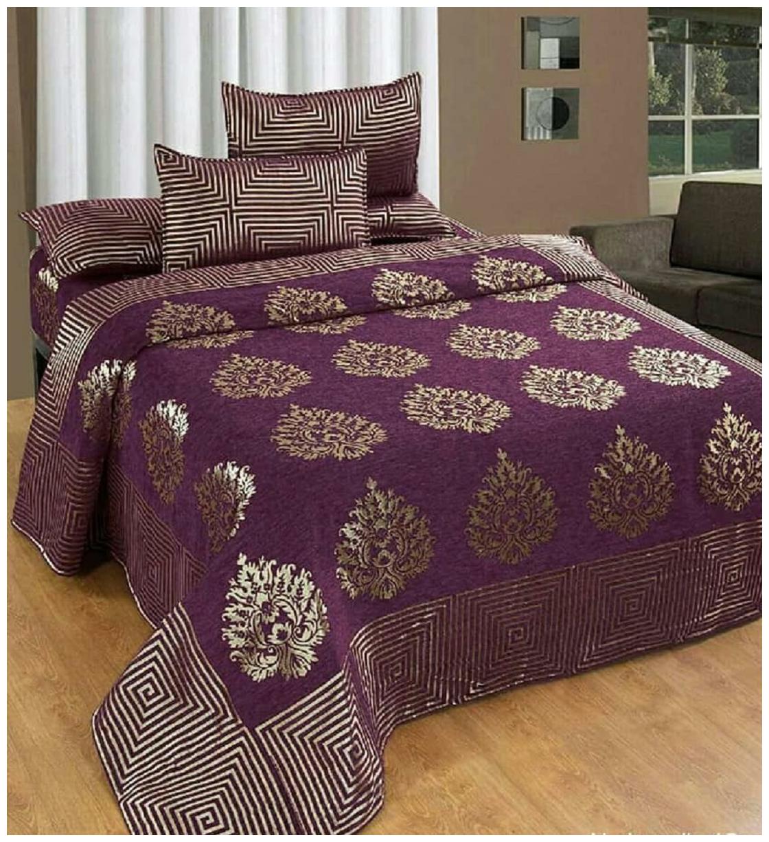 

Nanki s Chenille Abstract Double Size Bedsheet 144 TC ( 1 Bedsheet With 2 Pillow Covers Purple )