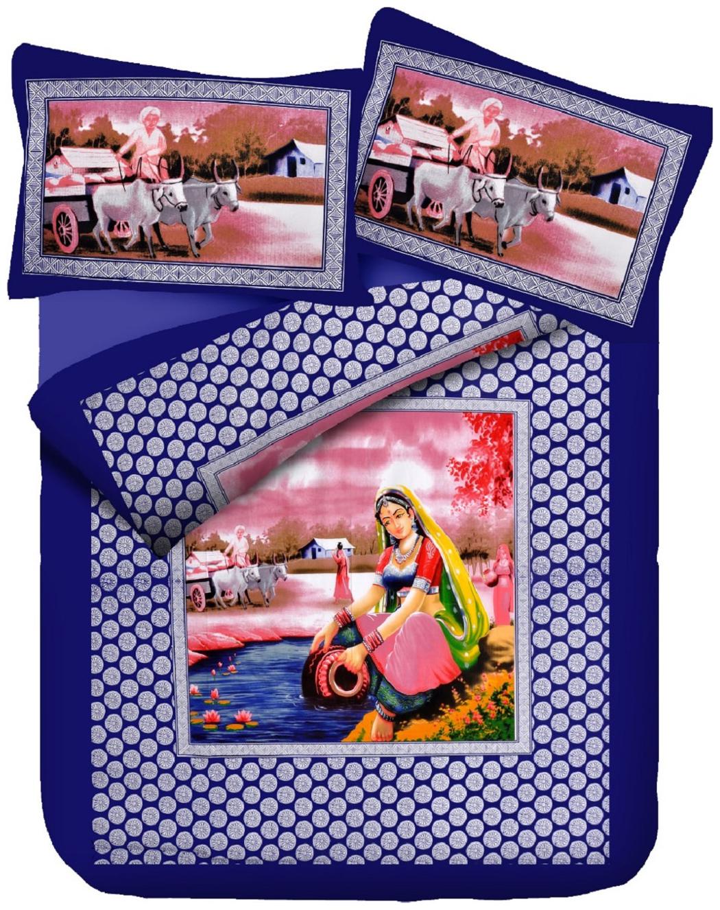 

Nanki s Cotton Abstract King Size Bedsheet 144 TC ( 1 Bedsheet With 2 Pillow Covers Blue )