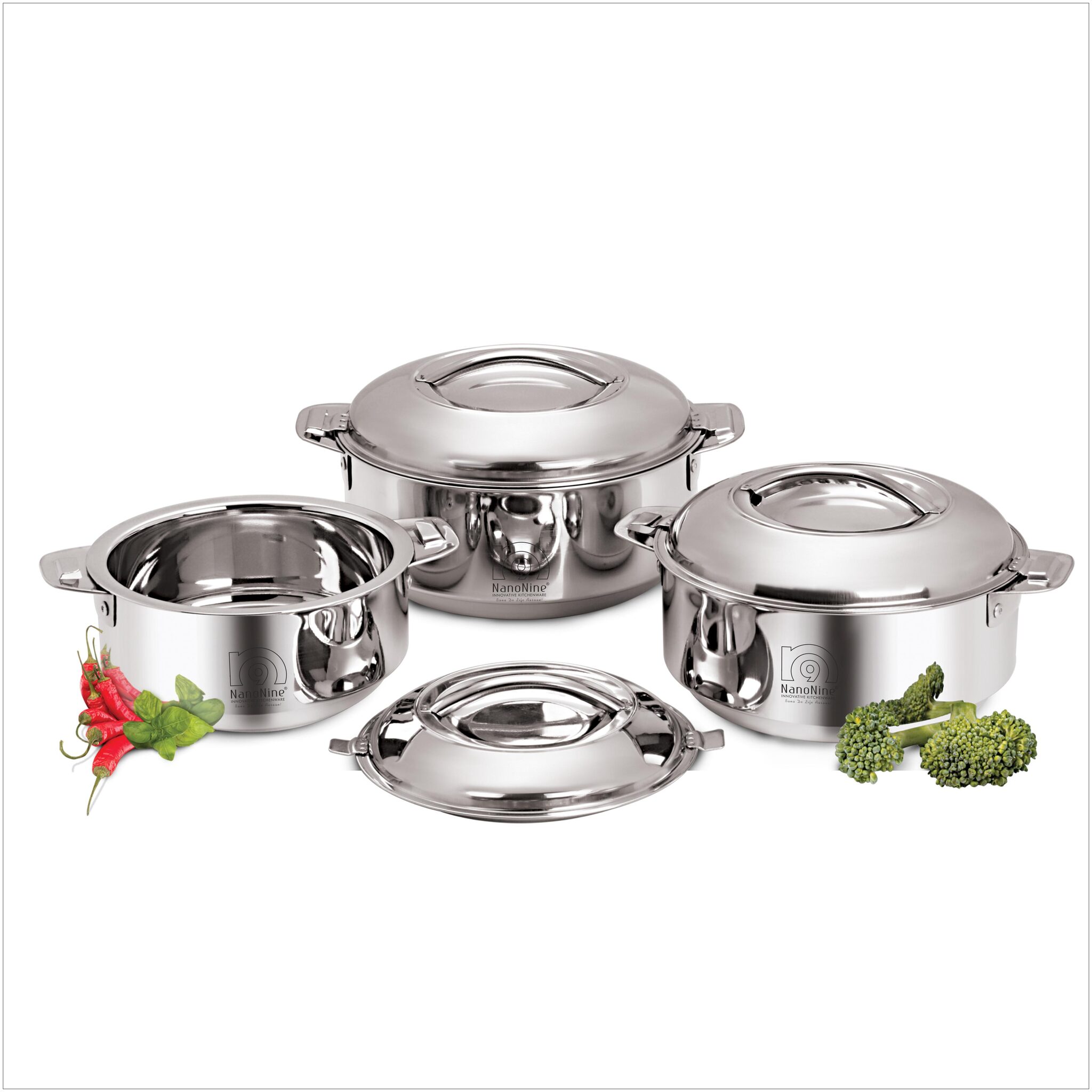 

NanoNine Hot Chef Flora Stainless Steel Casserole 1400 ml 2570 ml 3250 ml Silver
