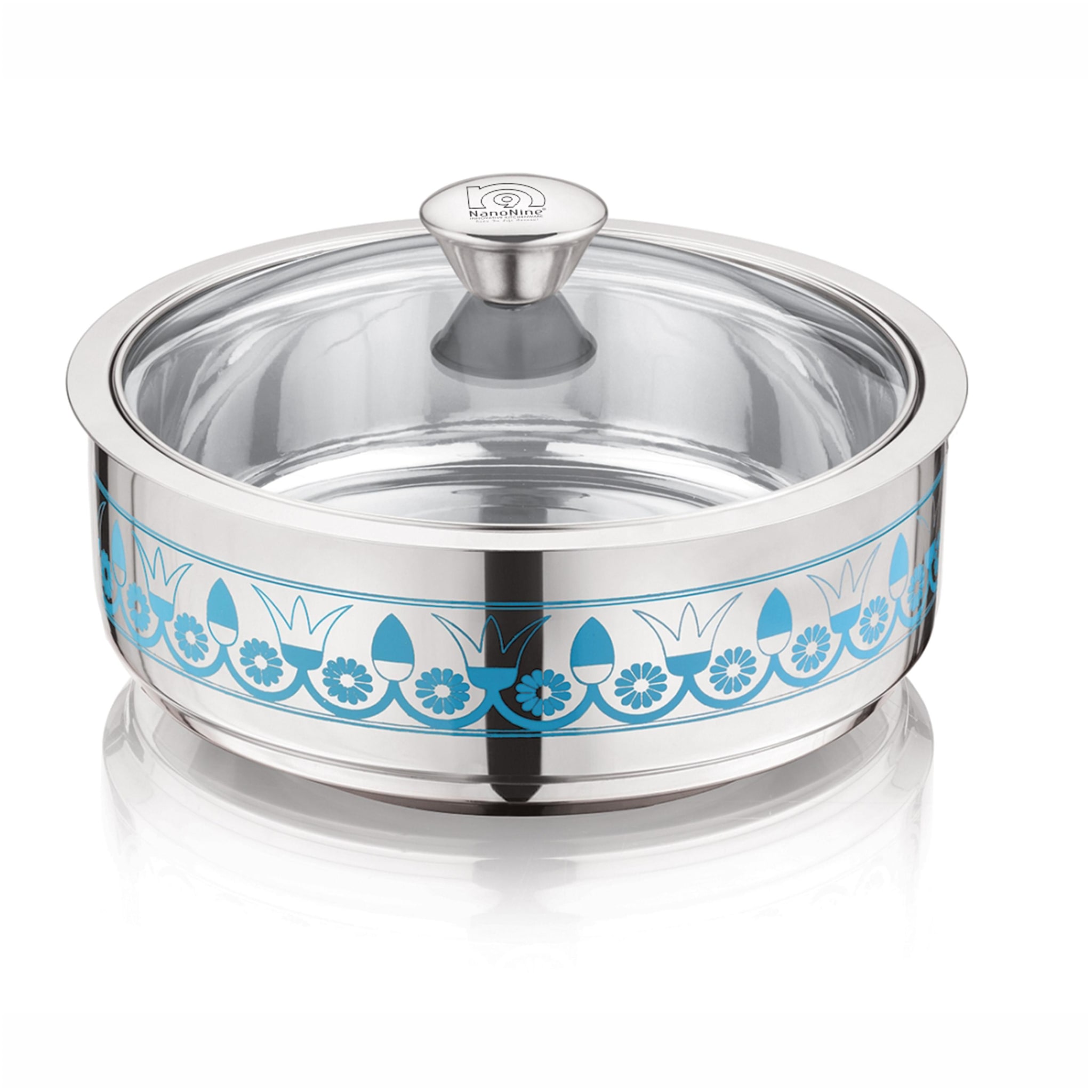 

NanoNine Roti Saver Stainless Steel Double Wall Insulated Designer Chapati Pot with Glass Lid Small 1 25 L Blue Silver