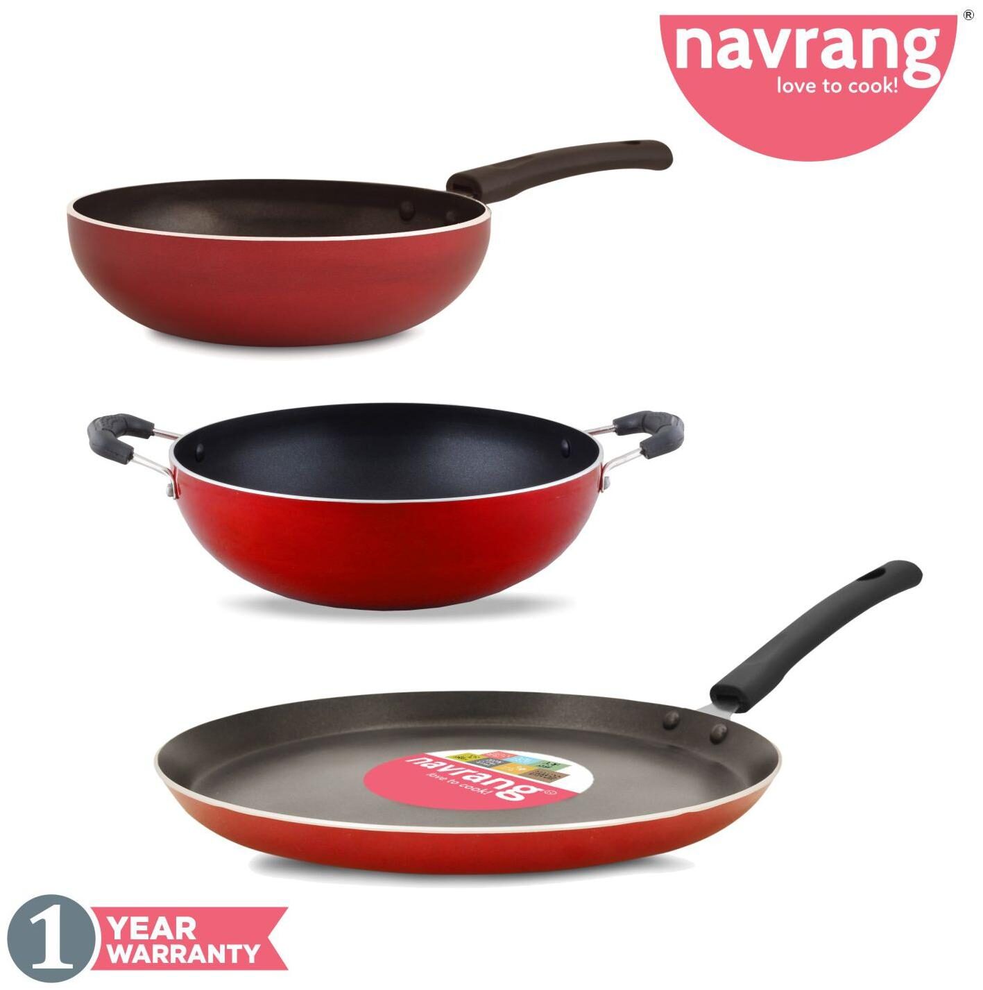 

Navrang Nonstick 3 pcs Combo Set Tawa 260 Kadai 200 Fry Pan 200