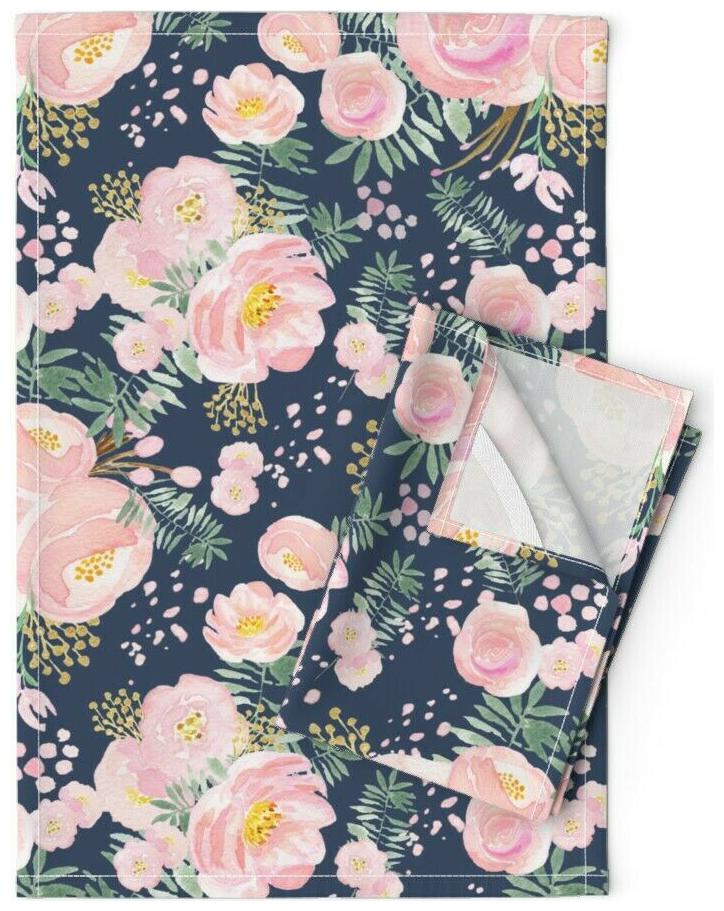 

Navy Floral Pink Watercolour Linen Cotton Tea Towels by Roostery Set of 2