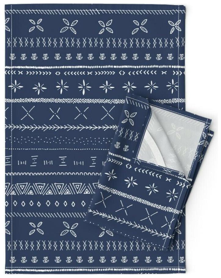 

Navy White Tribal Boho Dots Blue Linen Cotton Tea Towels by Roostery Set of 2