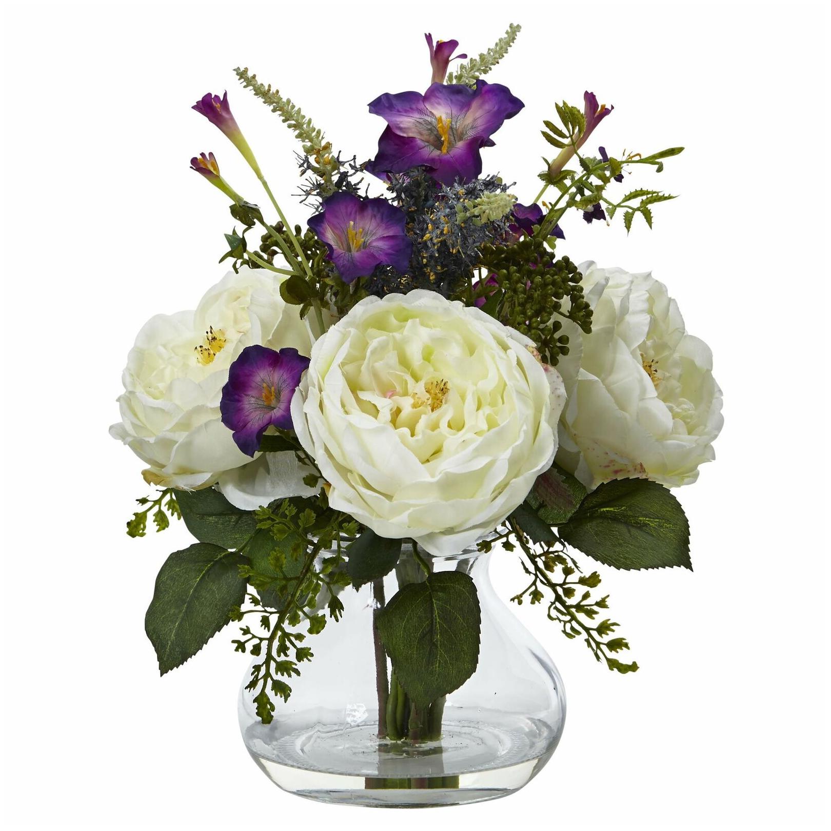 

Nearly Natural Rose and Morning Glory Arrangement with Vase