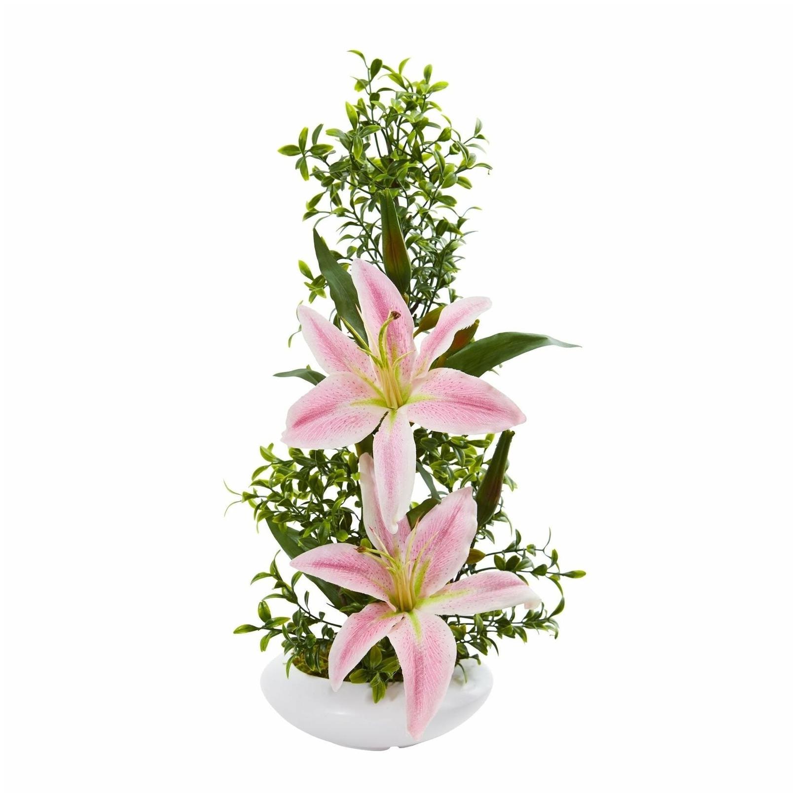 

Nearly Natural Green Pink Lily and Boxwood Artificial