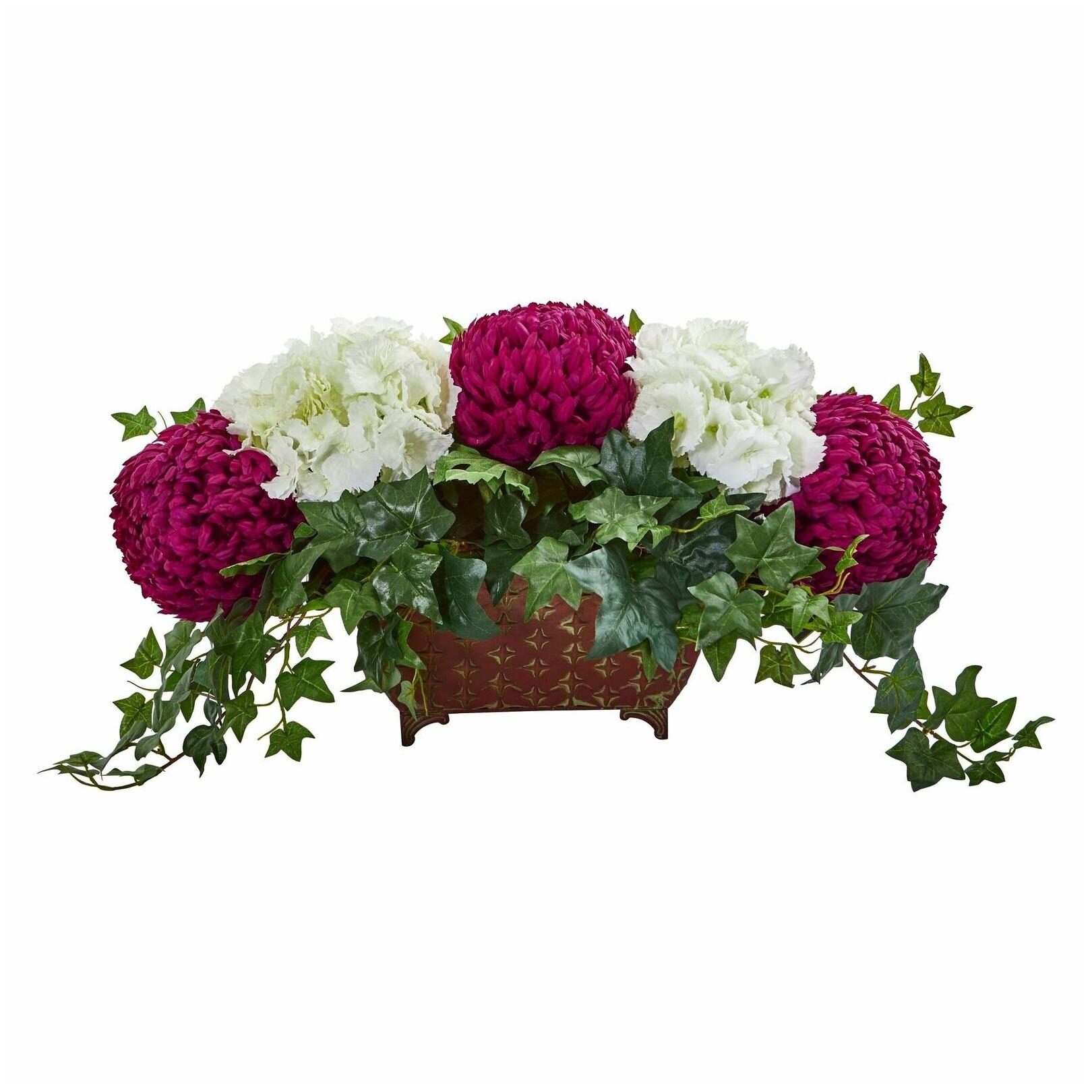 

Nearly Natural White Purple Green Mum and Hydrangea