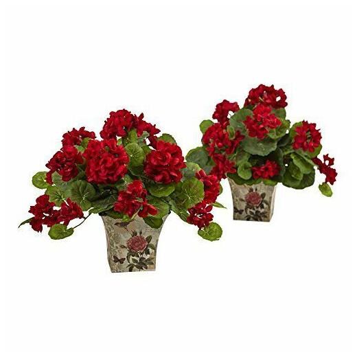 

Nearly Natural Geranium Flowering Silk Plant Floral Planter Set of 2 Decor G